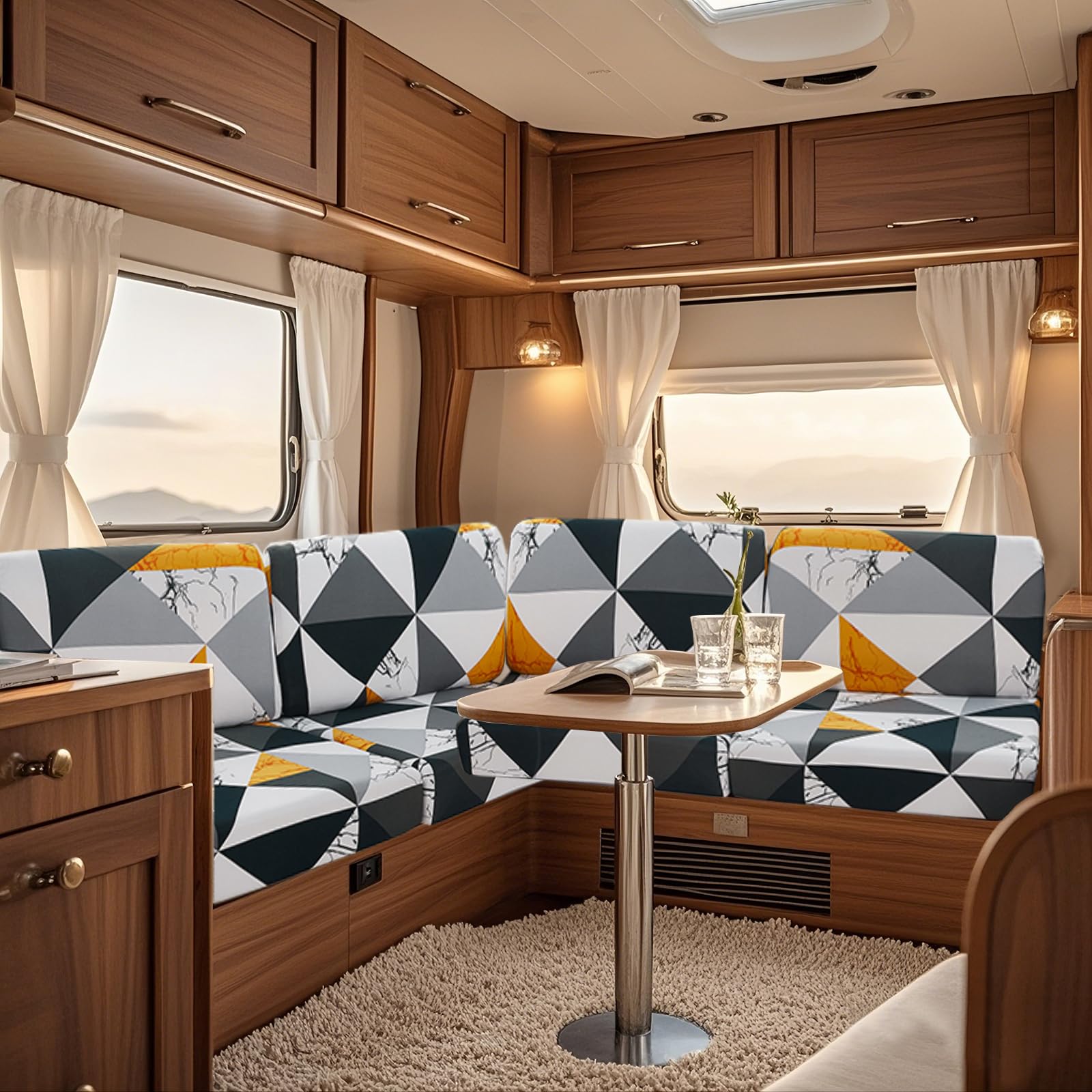 UNBBRRL Fit Stretch Caravan Seat Cover, Non Slip Elastic Fabric Printed Pattern RV Dinette Cushion Cover, Protector for Motorhome Sofa Bench with 4 Straps (white triangle,Dining Chair Set(2pcs))