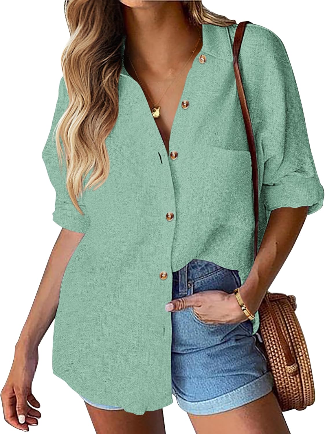 HOTOUCH Womens Linen Button Down Shirt Casual Long Sleeve Cotton Blouse Loose Fit Collared Work Gauze Tops with Pocket