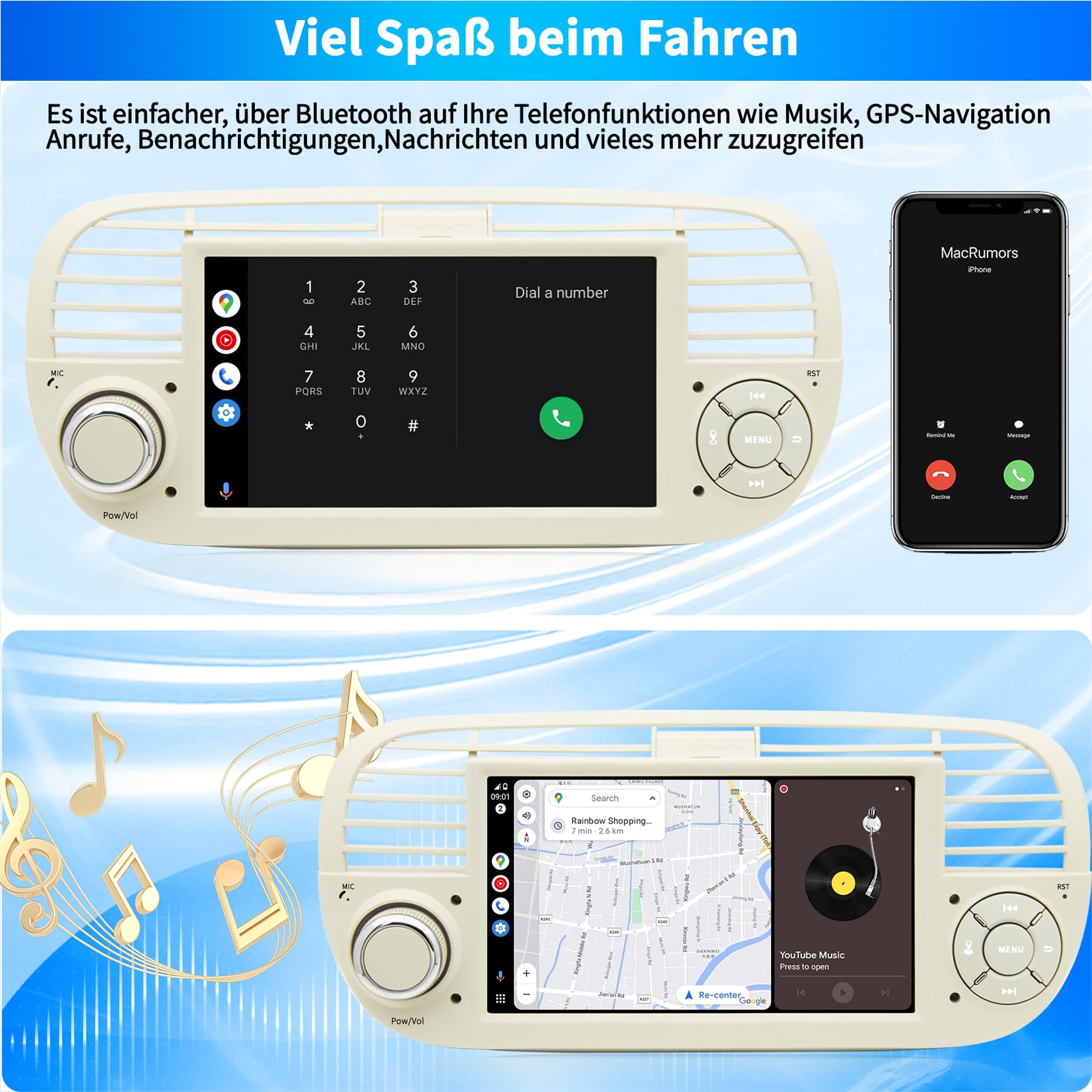 Radio de Coche para FIAT 500 2007-2015, Sistema Android 12, 2G 64G con GPS, Navi, CarPlay, Android Auto, Pantalla táctil IPS de 7 Pulgadas, WiFi, Bluetooth, FM