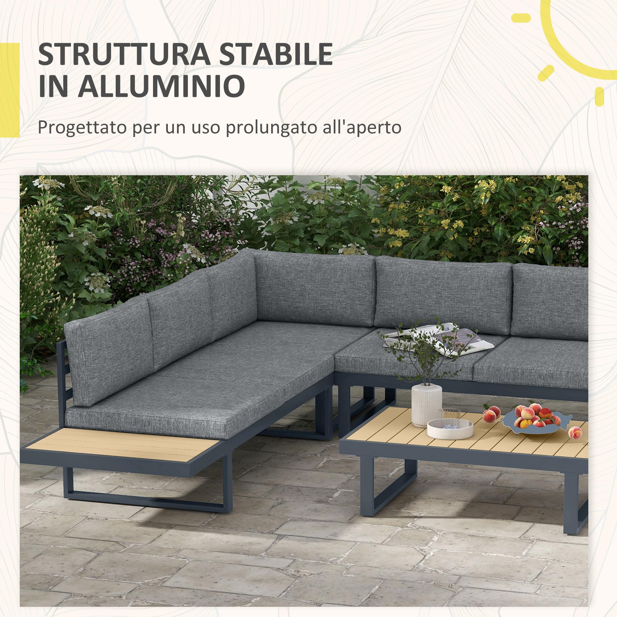 Outsunny Set da Giardino 4 Pezzi in Alluminio e Poliestere, Set da Esterno con 2 Divanetti 163x70x64 cm, Poltrona Angolare 70x70x64 cm e Tavolino da Caffè 102x60x30 cm, Grigio Scuro e Teak