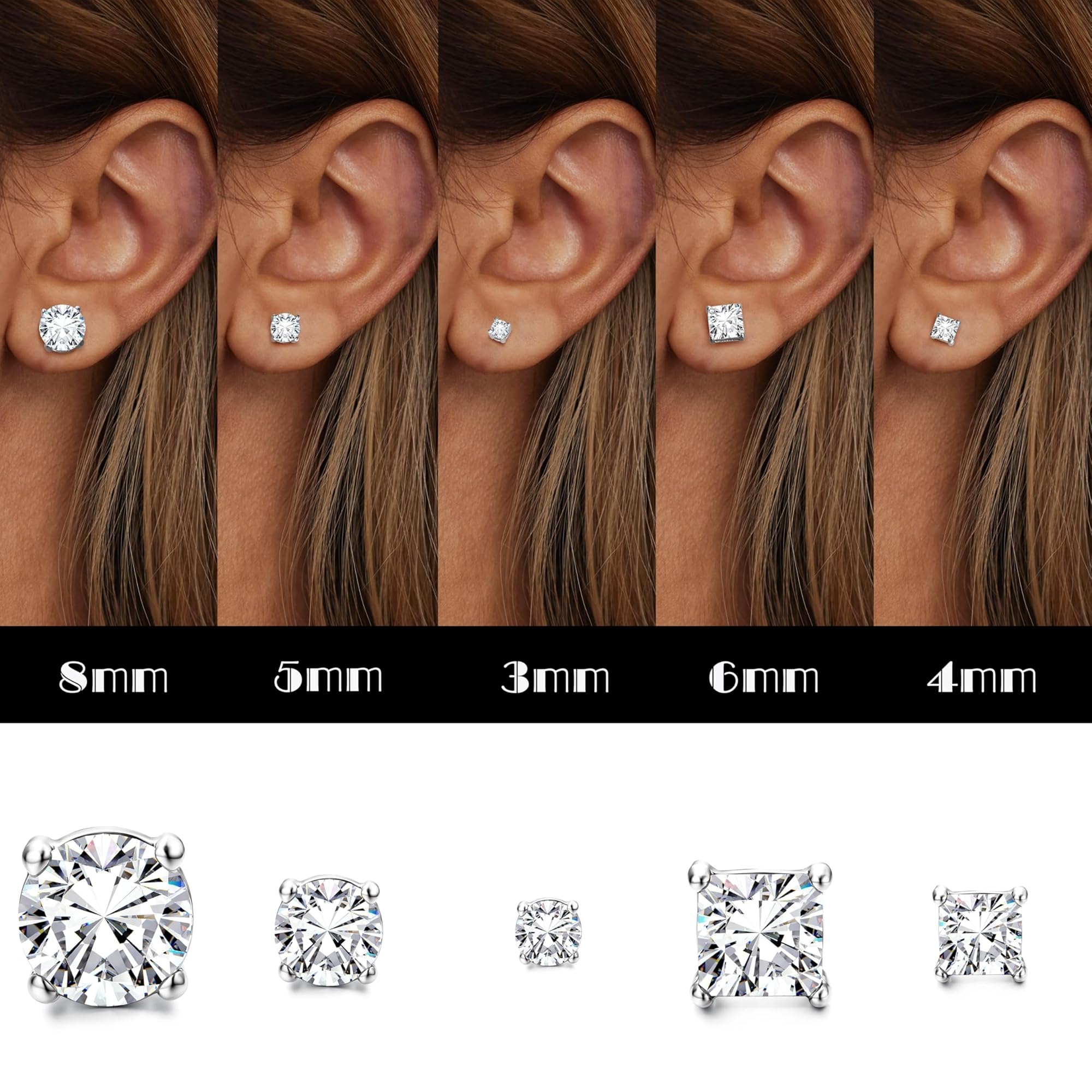 Orecchini da uomo 925 in argento sterlina 5 coppie di orecchini placcati in oro 14k per le donne rotonde e quadrate cubiche in zirconia ipoallergenici orecchini set di dimensioni 3/5/8mm, argento