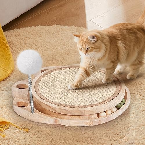 Miniatura 8 de Tabla rascador para gatos, rascador 3 en 1 para gatos y centro de actividades con almohadilla rascador de sisal, pista de bolas y juguete de