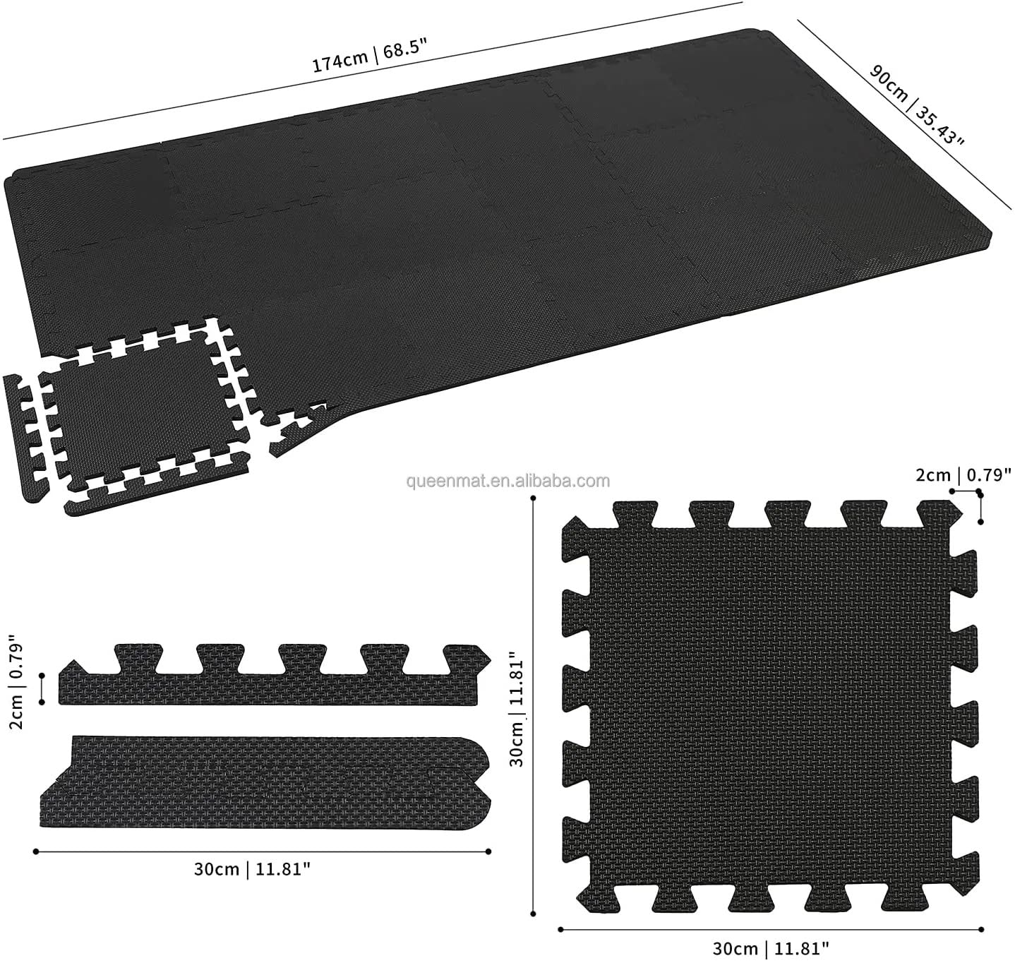 Tappeto Palestra, Tappeto Puzzle, Tappeto Gomma Antiscivolo, set x 18, Tappetino Fitness, Home Gym, Tatami Palestra, Tappeti, Pavimento Gommato Palestra, Tappetino Ginnastica (NERO)