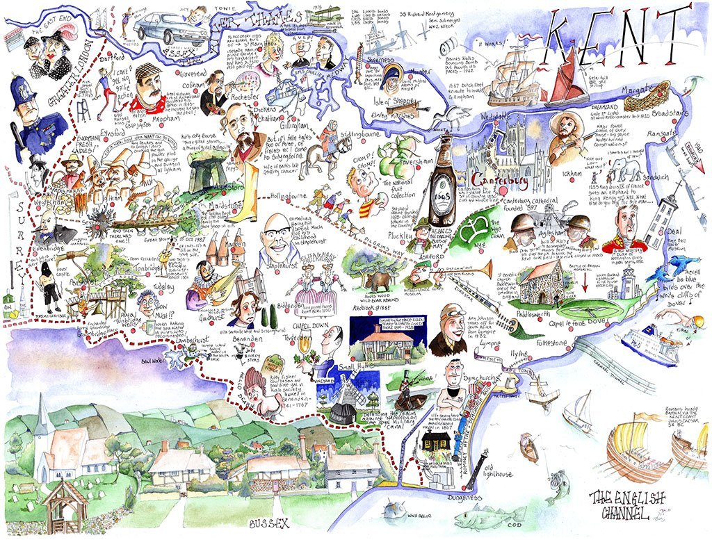 Carte Comique du Kent par Tim Bulmer - Puzzle de 1000 pièces pour Adultes, de Grande Taille 66cm x 50cm. Un défi à compléter mais Amusant et Humoristique.