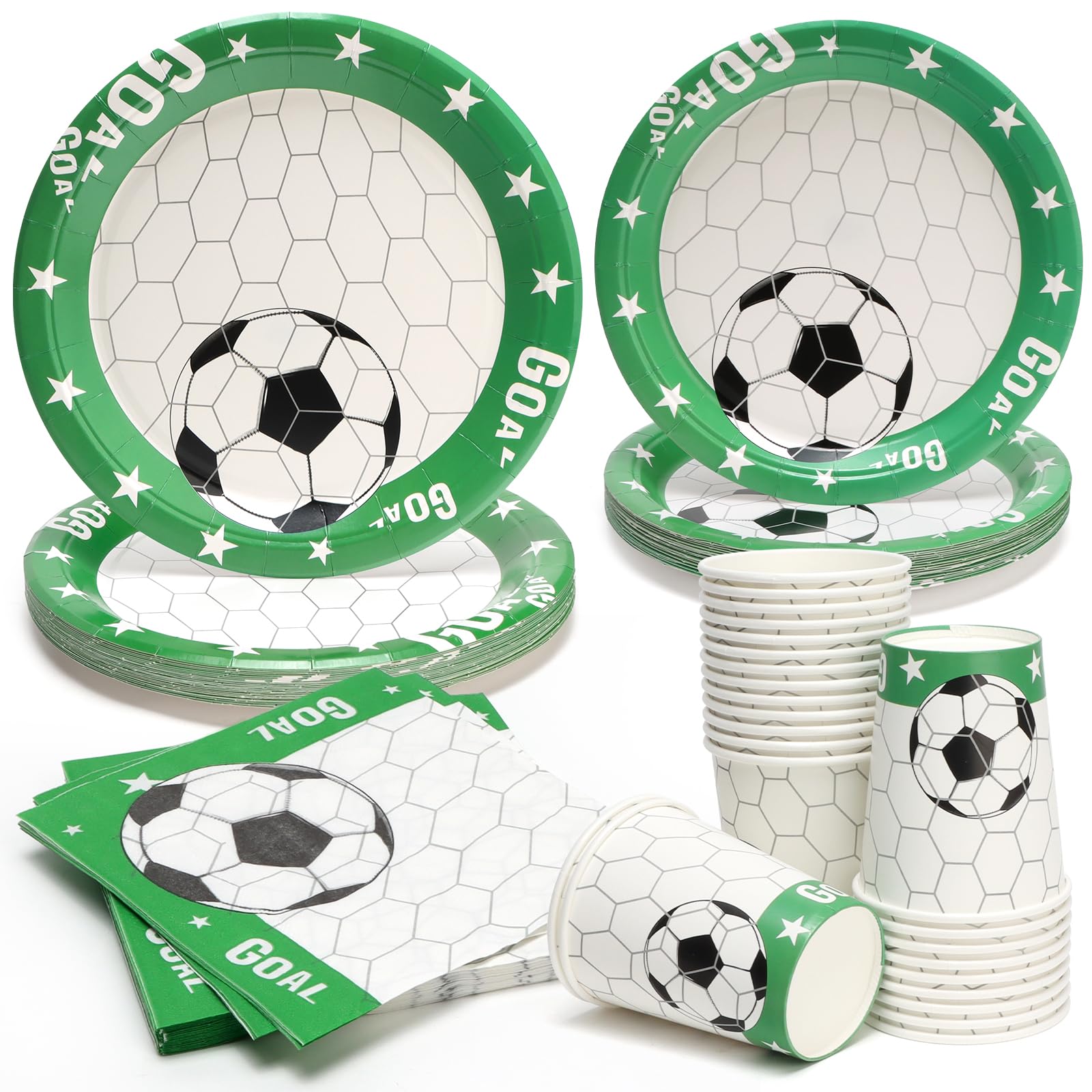 PARTY GO 96 Pcs Green Football Party Tableware Set, Paper Plates Cups and Napkins, Disposable Dinnerware Party Supplies for Birthday, Green Football Soccer World Cup Decorations Serve 24 Guests — image 1