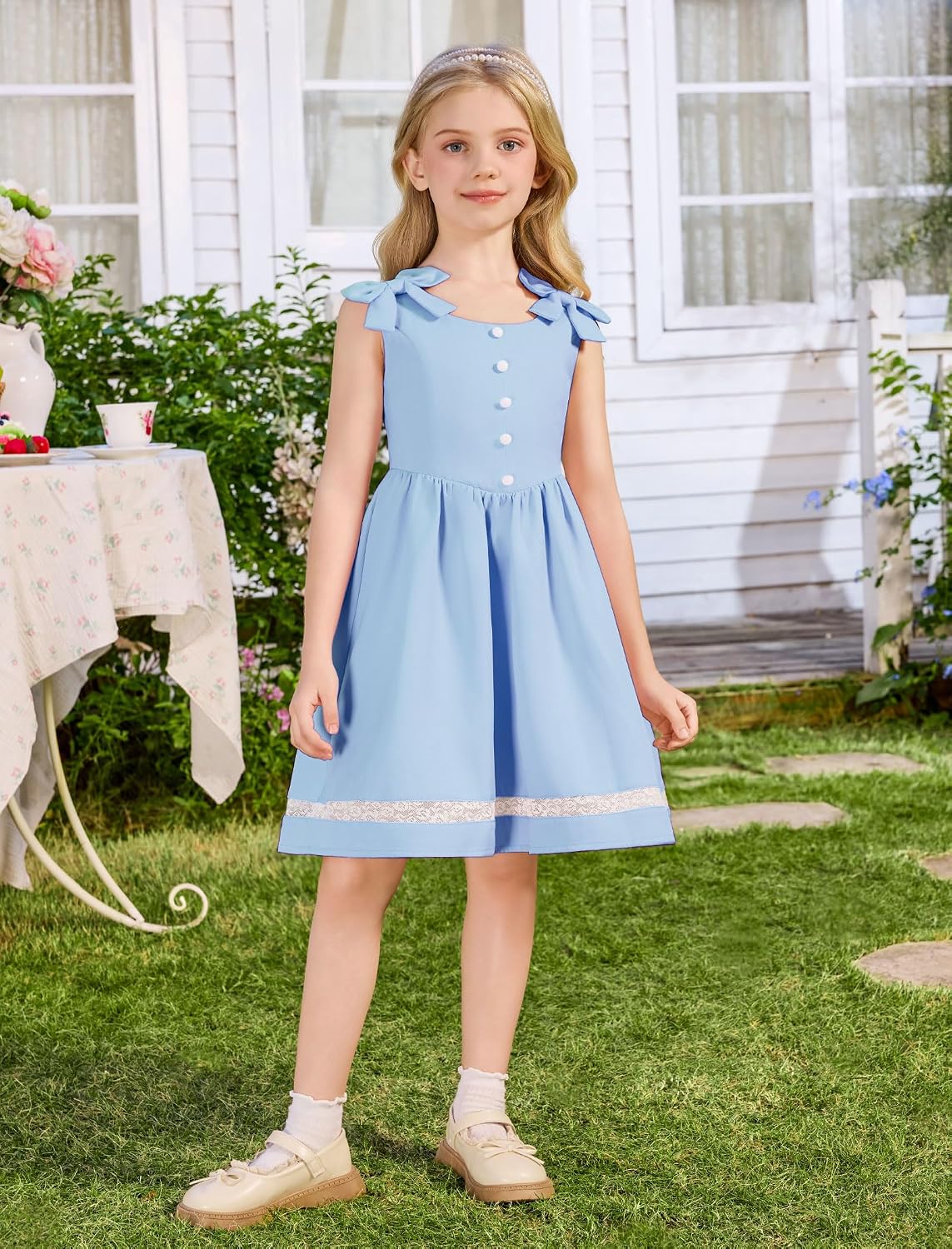 OBEEII 1950s Vintage Dresses for Girls Sleeveless Bowknot Cocktail Retro Ruffle Dress 50s Pin Up Rockabilly Tea Party Dresses