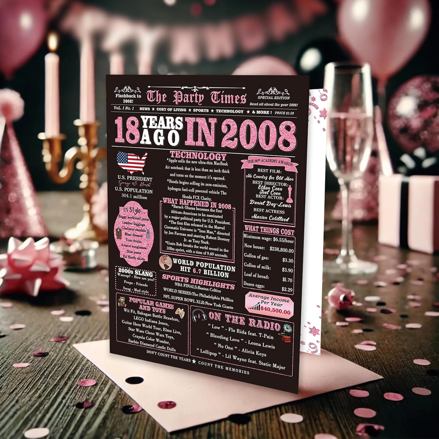 Happy 18th Birthday Card Gifts for Girls, Daughter, Niece, Granddaughter, 18th Birthday Decorations for Girls, Large Birthday Card for 18 Year Old, Funny Back in 2008 Birthday Card, Rose Pink Gold - Image 4