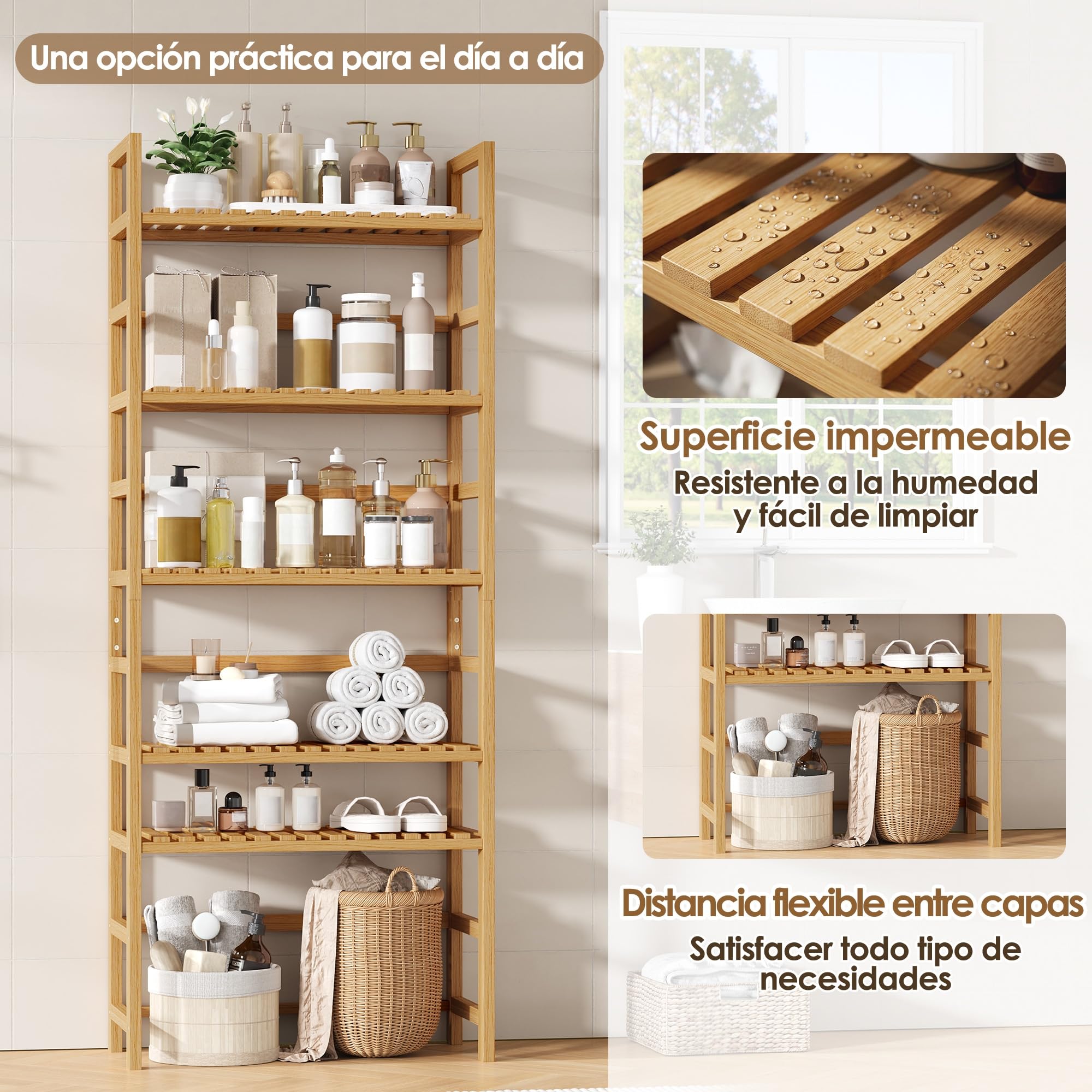 FOREHILL Estantería Bambú Baño de 6 Niveles, Estanterías Almacenaje Cocina | Eestantería Baño, Estantería de Almacenamiento, para Espacios Estrechos, 11 Posiciones Ajustables, Natural/Blanco 60x26x161cm
