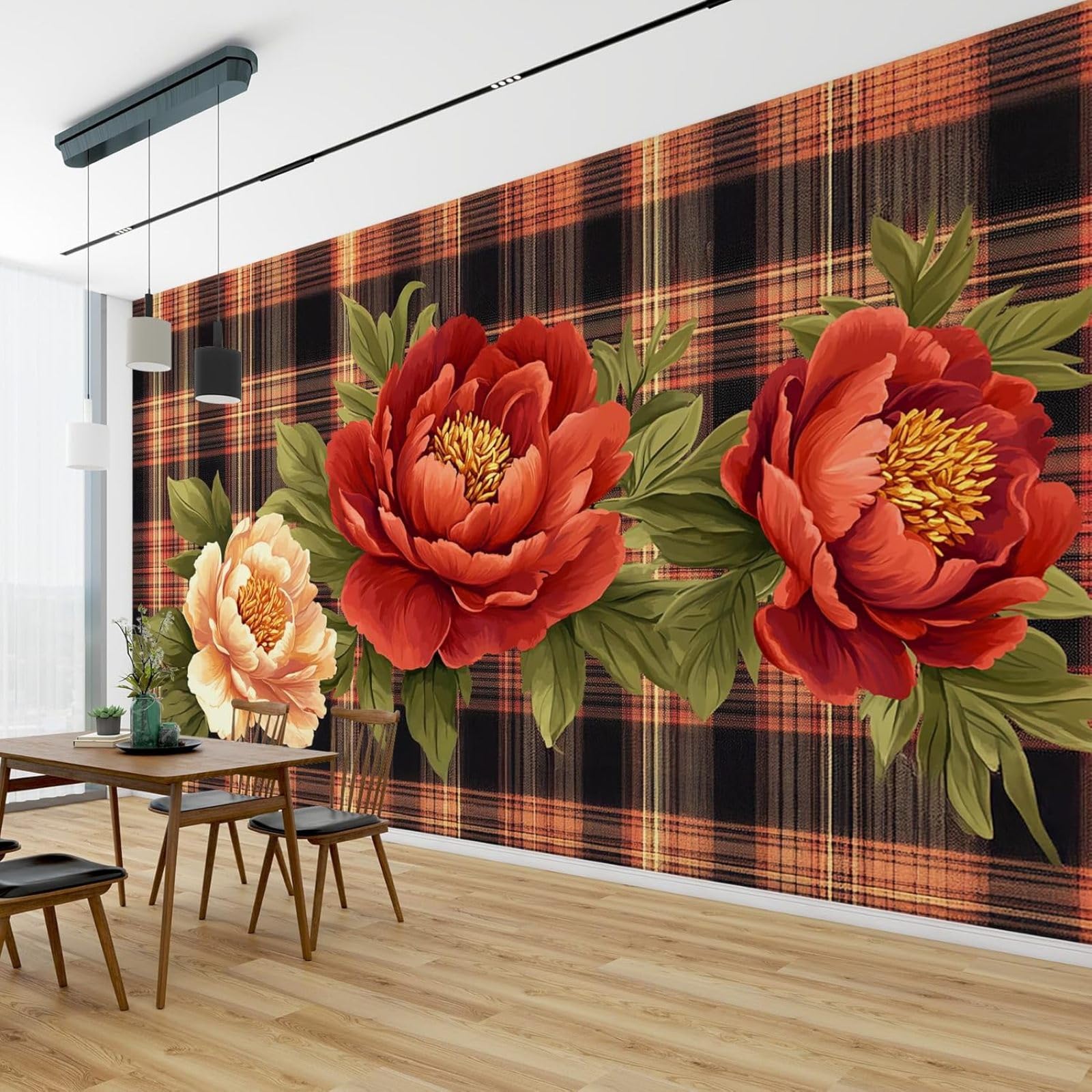 Murale fotografico - carta da parati Peonie Tartan Stile Country House Fiori Moderno Parete Soggiorno Camera da letto Camera dei bambini Decorazione murale Motivo 350cmx256cm Poster - Adesivo da paret