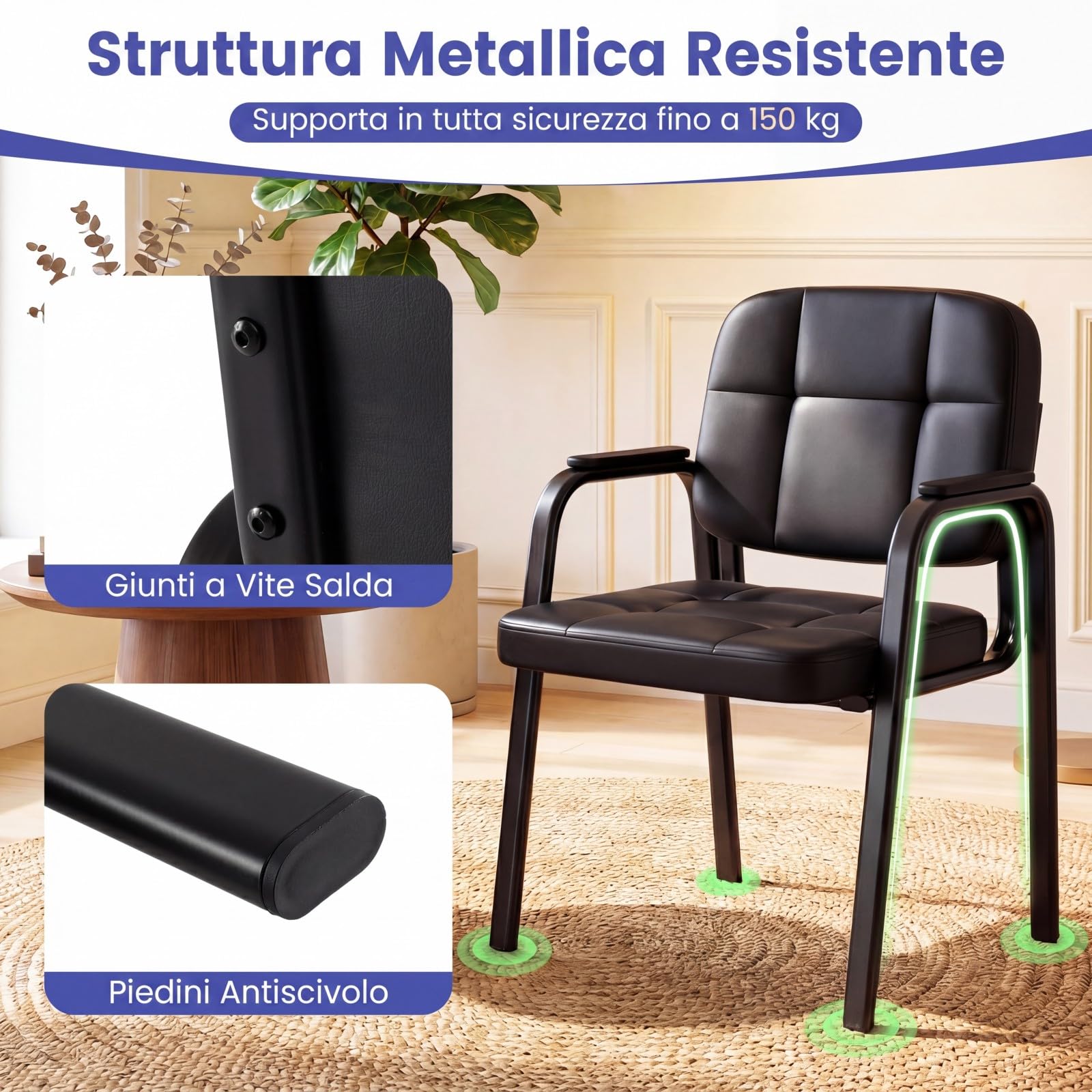 COSTWAY Set di 2 Sedie Scrivania, Sedie da Ufficio senza Ruote, con Braccioli Imbottiti e Schienale Ergonomico, Struttura in Metallo Resistente, per Sala Riunioni, Studio, Portata 150 kg