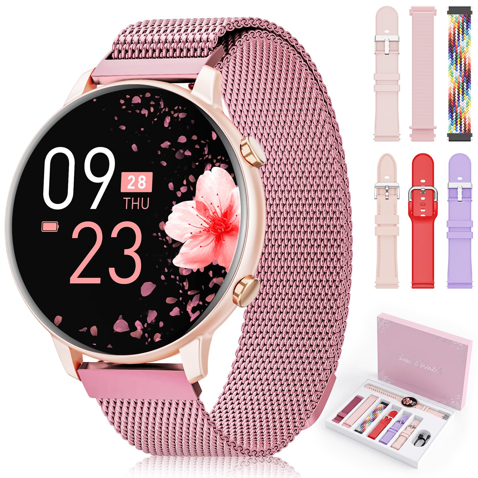 Smartwatch Donna con 7 Cinturini & Confezione Regalo, 1.39" HD Smart Watch | Orologio Smartwatch Fitness con Chiamate Bluetooth/Sonno/Cardiofrequenzimetro/SpO2, 100+ modalità Sportive per Android iOS