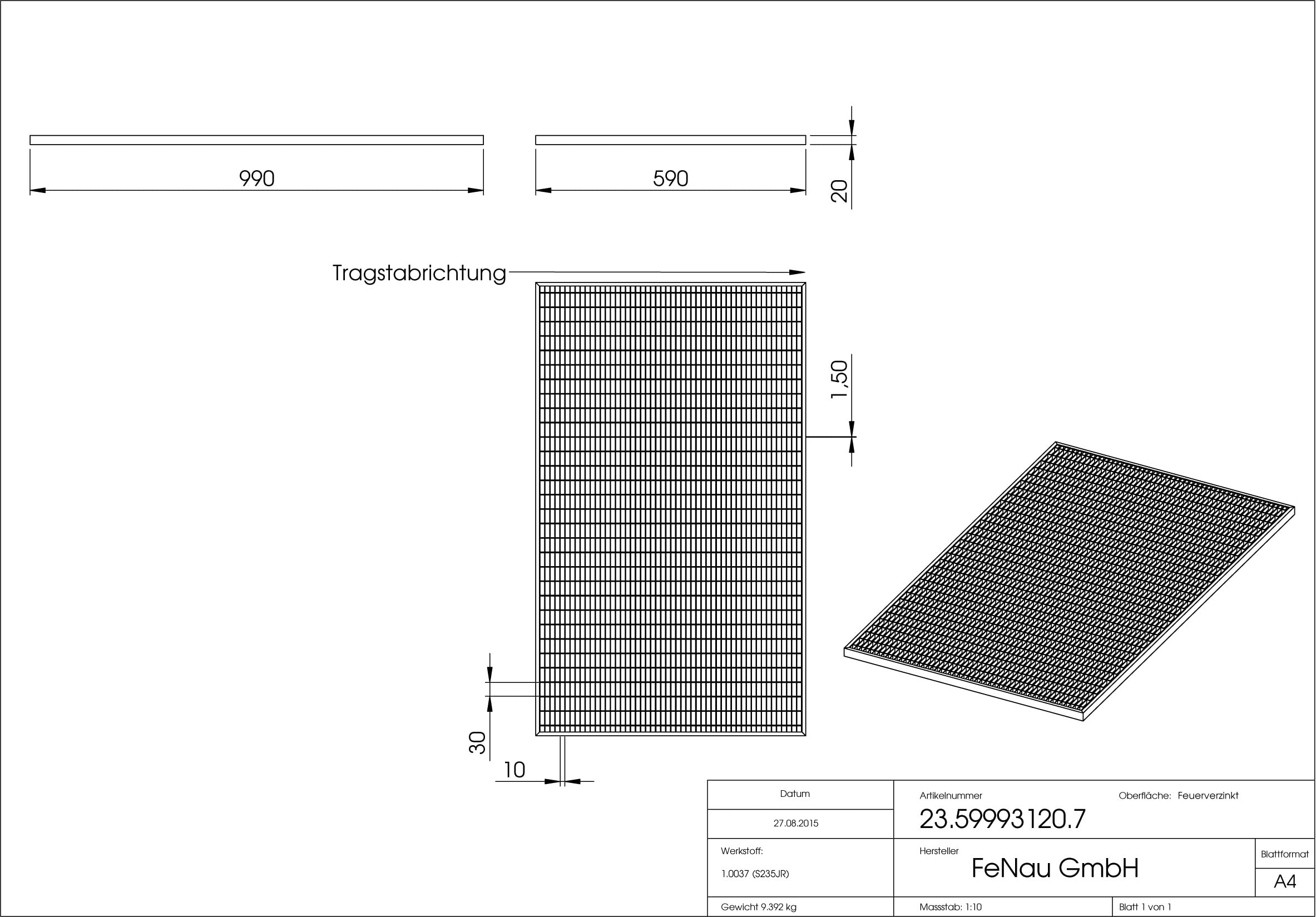 Fenau Grigliato/Griglia Dimensioni: 590 x 990 x 20 mm - MW: 30 mm / 10 mm (zincato a caldo) (Adatto per telaio: Fenau 600 x 1000 x 1000 x 23 mm)