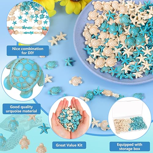Miniatura 3 de 120 cuentas de tortuga, dije de estrella de mar, cuentas espaciadoras turquesa con 2 hilos elásticos y caja sintética con temática oceánica y mar,
