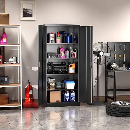 Miniatura 7 de LOCENHU Armario de almacenamiento de metal con 2 puertas y 4 estantes ajustables, gabinete de archivo con bloqueo de 71 pulgadas, gabinete de