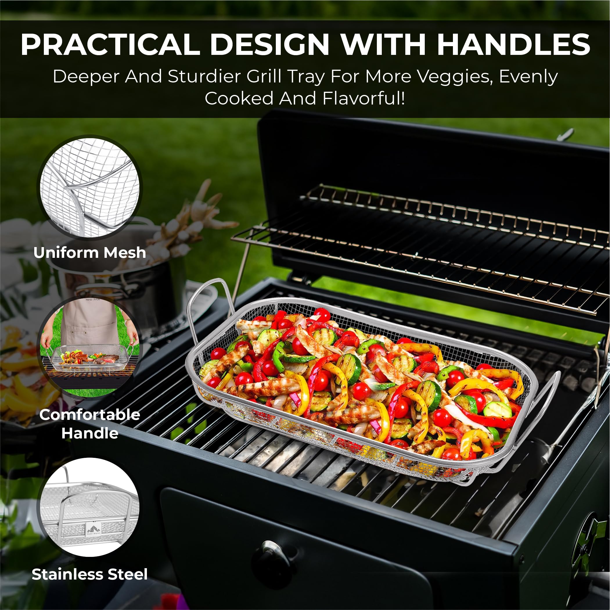 Homi Styles Grill-Gemüsekorb - 15 x 11 Zoll - Rostfreier Edelstahl Mesh Veggie Grillkorb - Silber