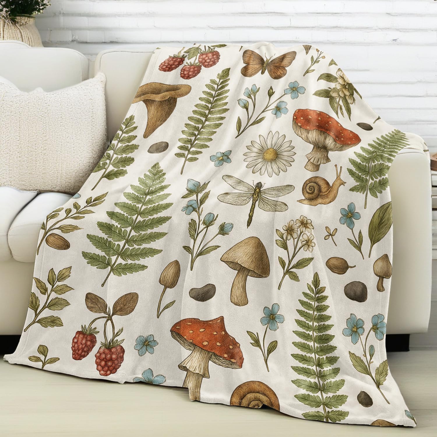 Vintage Botanical Blanket Lightweight Flannel Blankets Gifts for Nature Lovers with Mushroom Fern and Floral Printed Throw for Couch Chair Office Bedroom Decor, 60x50inch - Image 2