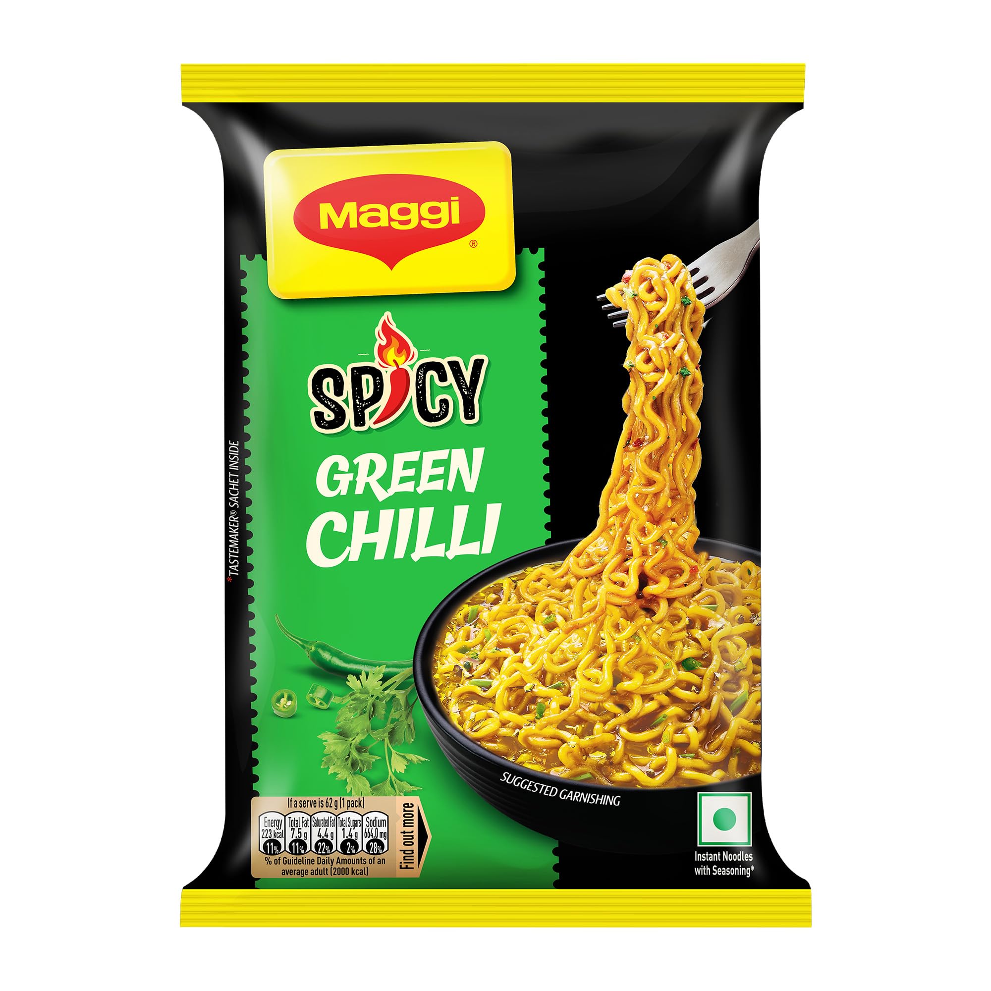 maggi spicy green chilli noodles, spicy green chilli flavour, instant & easy snack, 62g pack