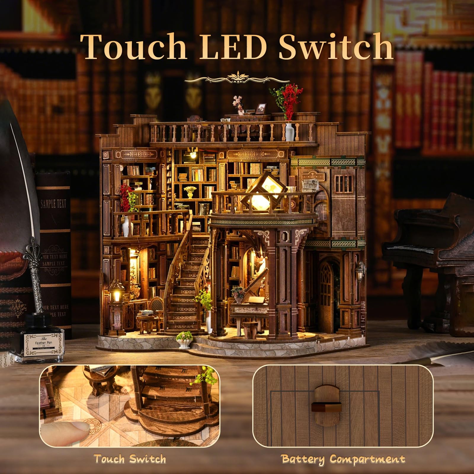Casa Delle Bambole Kit, 3D in Legno Modellismo da Costruire con Luce Led, Casa in Miniatura DIY per Adulti, Regali Creativi Artigianali di Natale per il Compleanno (Sala dei libri da sogno)
