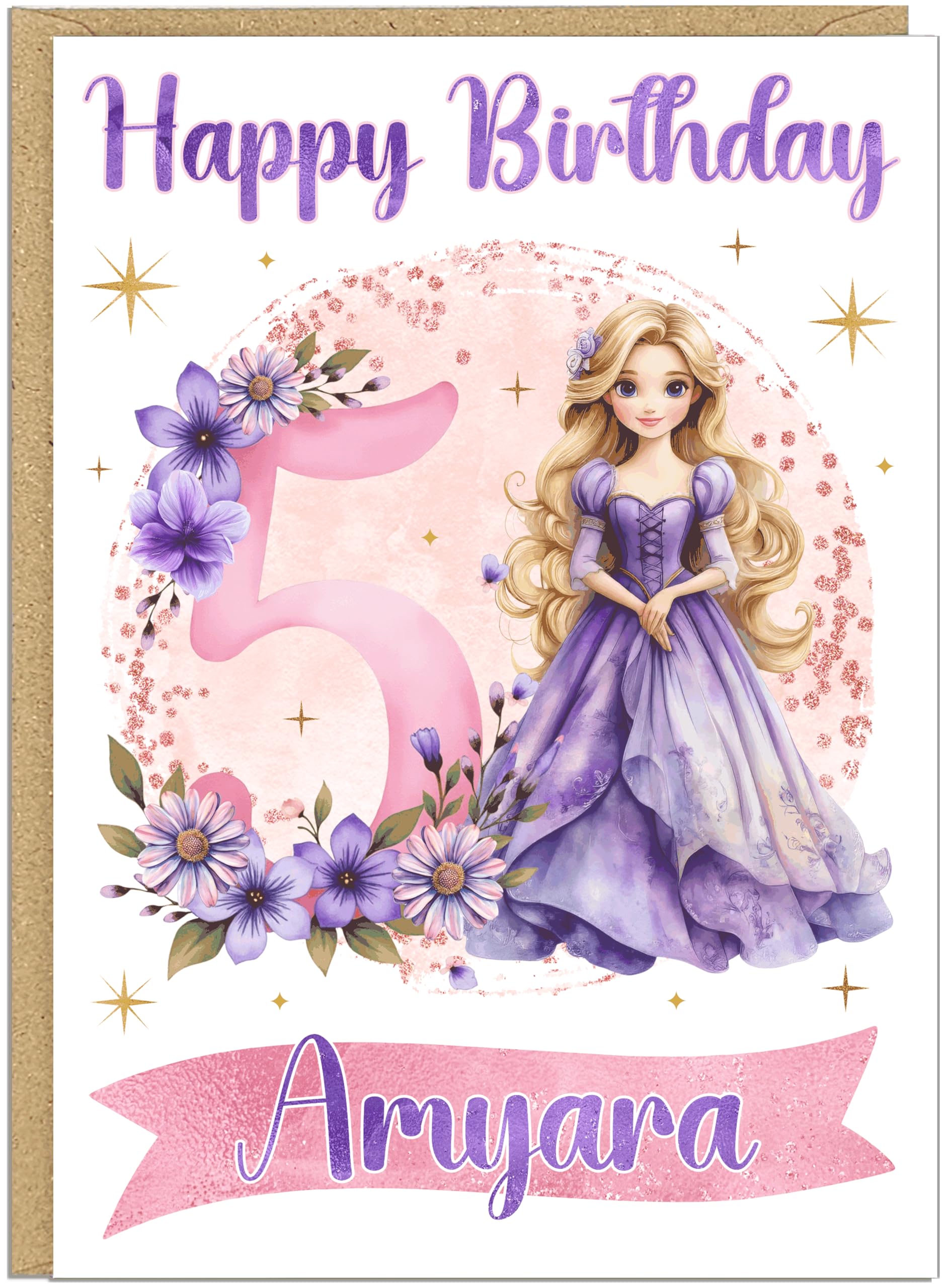 Custom Age 1st 2nd 3rd 4th 5th 6th 7th 8th 9th Birthday Cards | Purple Princess Birthday Card with Child's Name | Personalised Girls Birthday Card With Blonde Princess in Purple Gown | (Age 5)