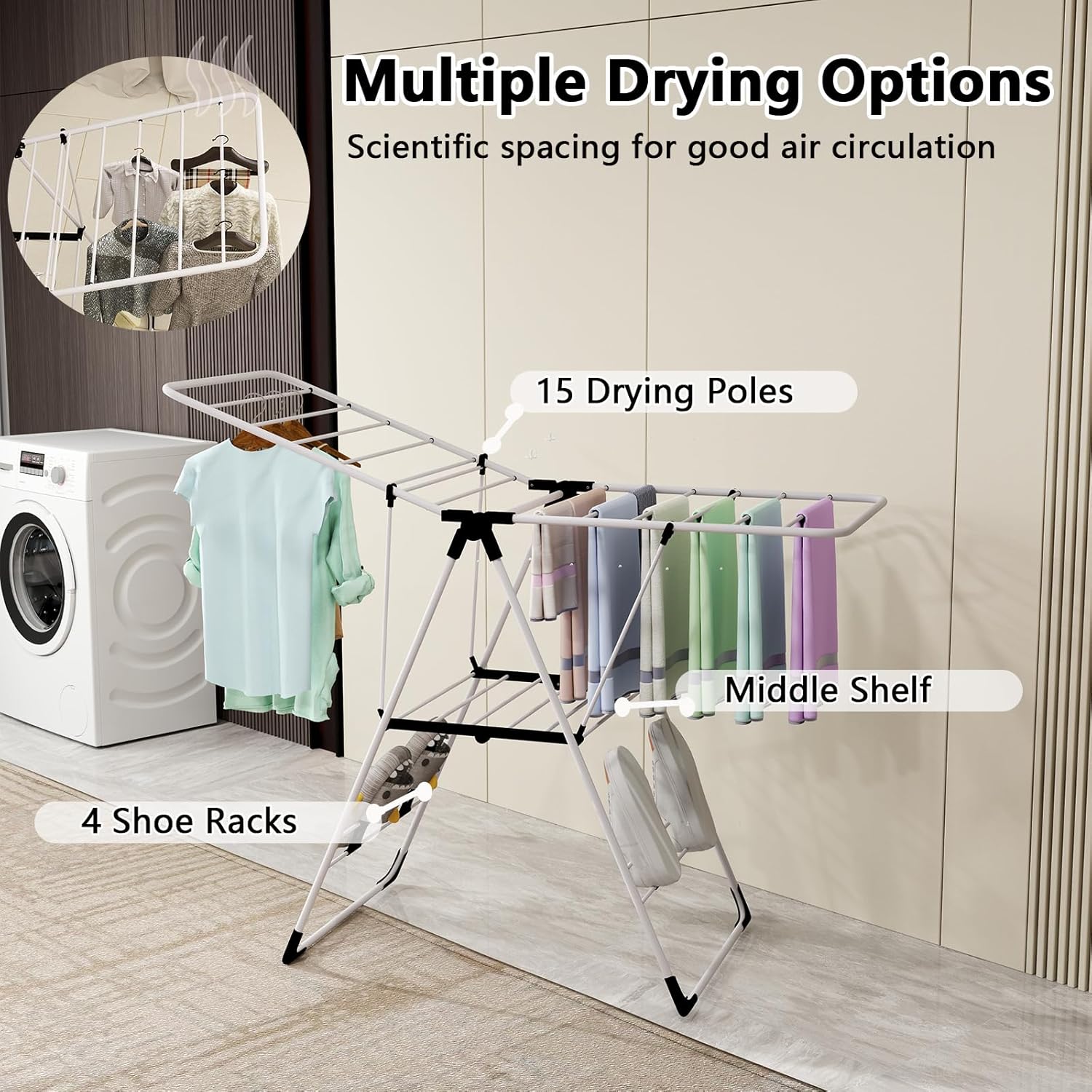 Tangkula Clothes Drying Rack, Collapsible Laundry Rack with Hanging Rods, Shoe Hangers, Adjustable Gullwing and Foldable Design for Space-Saving, Stainless Steel Clothing Shelf