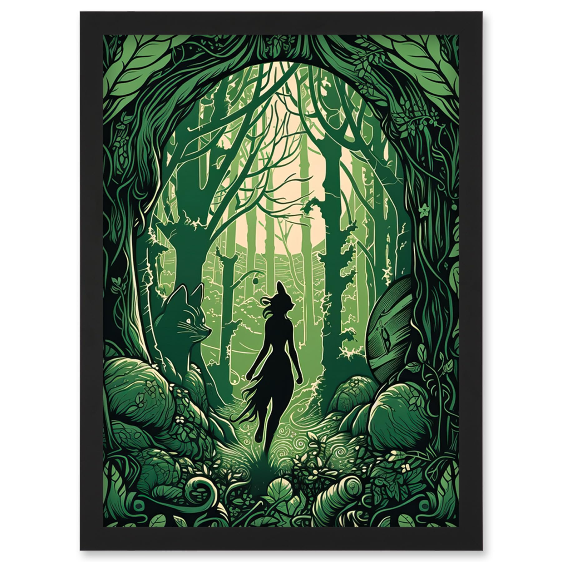 Artery8 Anthropomorphic Fox Silhouette Forest Art Nouveau Artwork Framed Wall Art Print A4