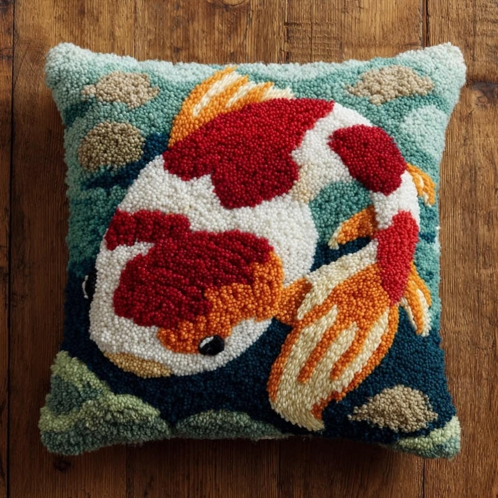AxiangziK Latch Hook Needlecraft Pillow Kit 43x43cm,Koi Fish Pre-Printed Pattern Cushion Making Set,Great for Relaxation & Home Styling,17x17in