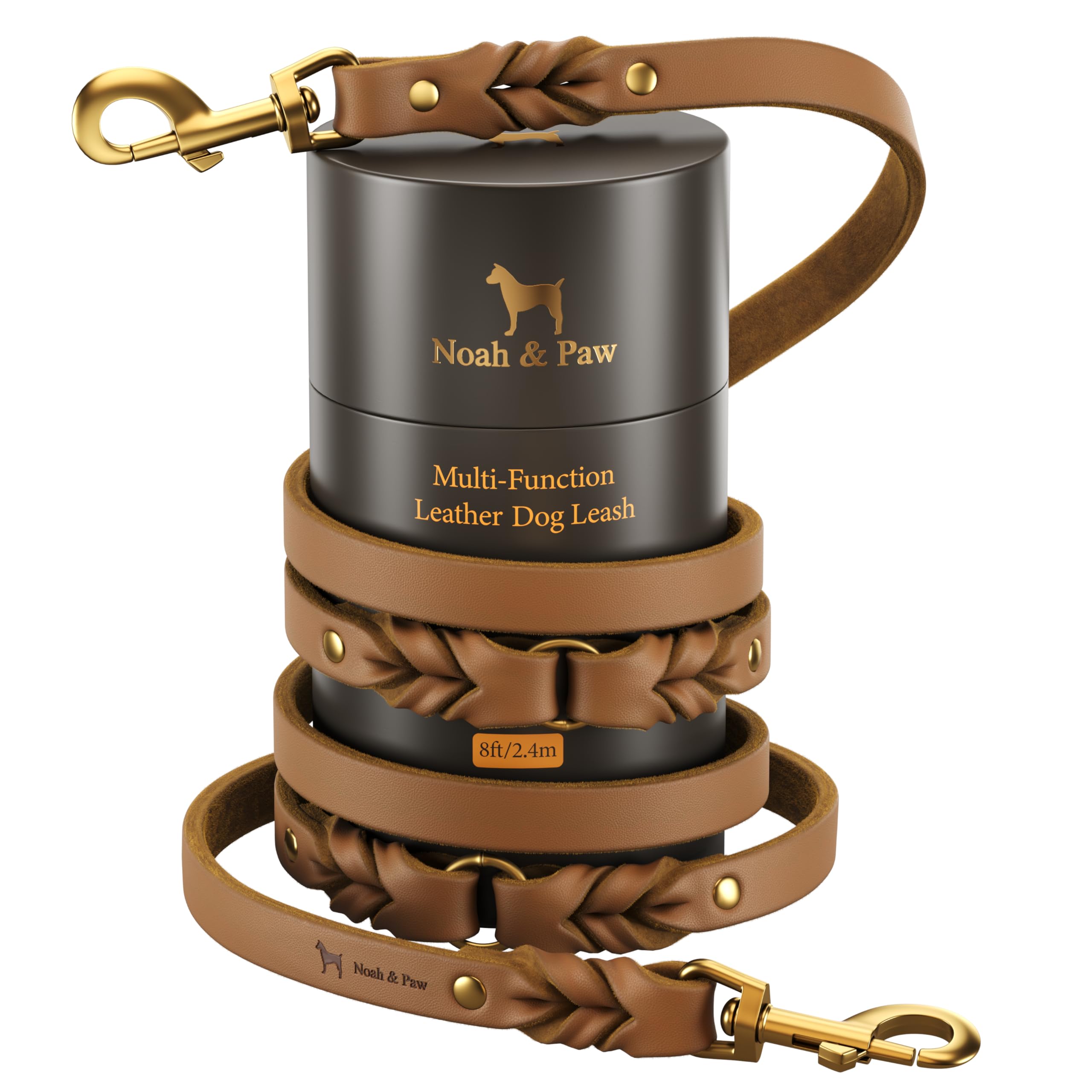 NOAH & PAW Leather Dog Leash, Premium Oil-Waxed Leather Braided, 8 ft Long Dog Leash with 6 Ways to Use Hands-free, Quick-tie, Double Pet Lead Etc. Matching Collar Available. (Camel)