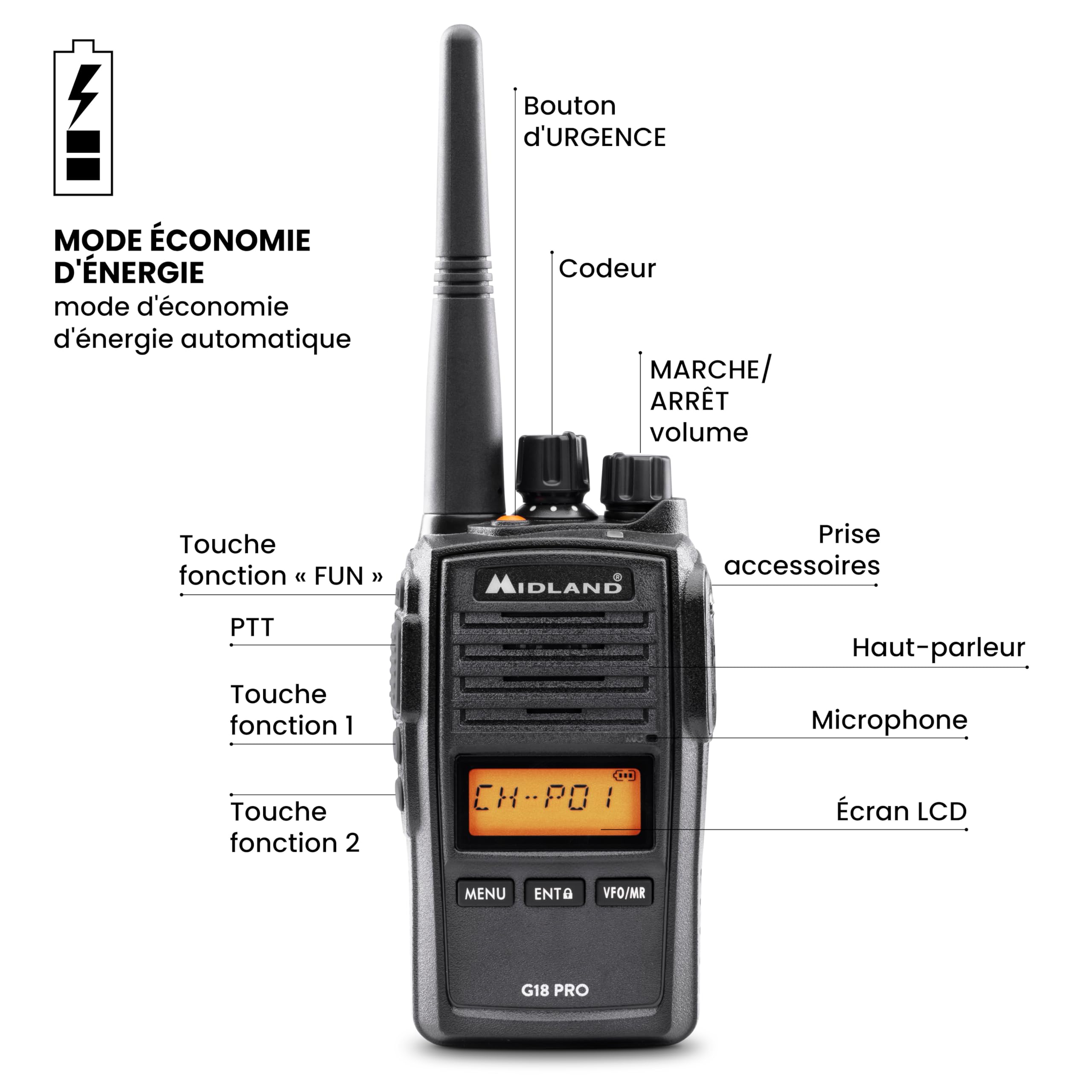 Midland G18 Pro Noise Cancelling C1145.04 - Talkie-Walkie Longue Portée 12Km, 99 Canaux PMR446, Étanche IP67, Autonomie 22H, Fonction Réduction de Bruit, Brouilleur Scrambler et Compander