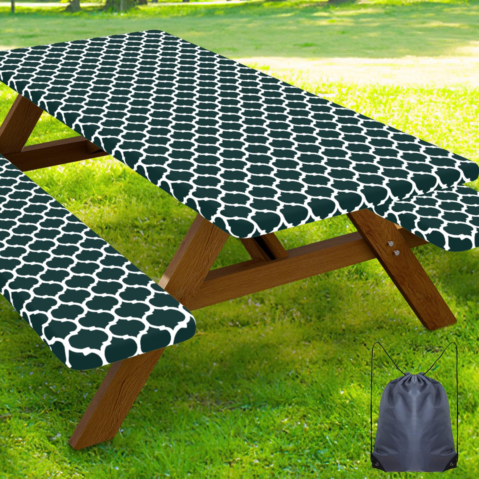Smiry Picnic Table Cover with Bench Covers, Waterproof Elastic Fitted Tablecloth for 8 Foot Tables, Washable Polyester Tablecloths for Camping, Indoor &amp; Outdoor (Hunter Green, 30x96 Inch 3-pc Set)
