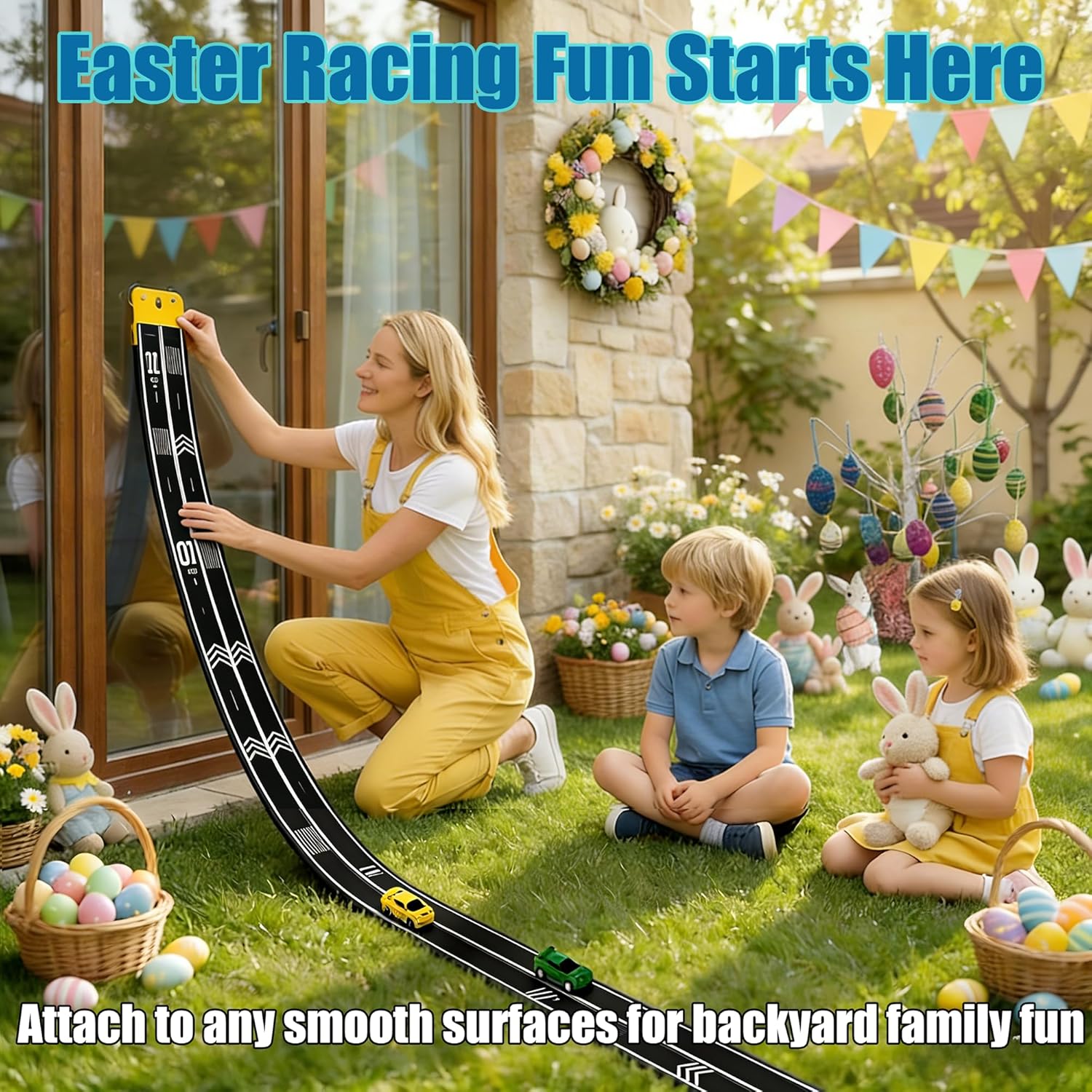16.4Ft Flexible Race Track for Kids Ages 3+, Patterned Dual-Lane Roll Up Race Track Set with 4 Toy Cars & Suction Cups, Compatible with 1/64 Diecast Cars, Portable DIY Racing Toy (Black)