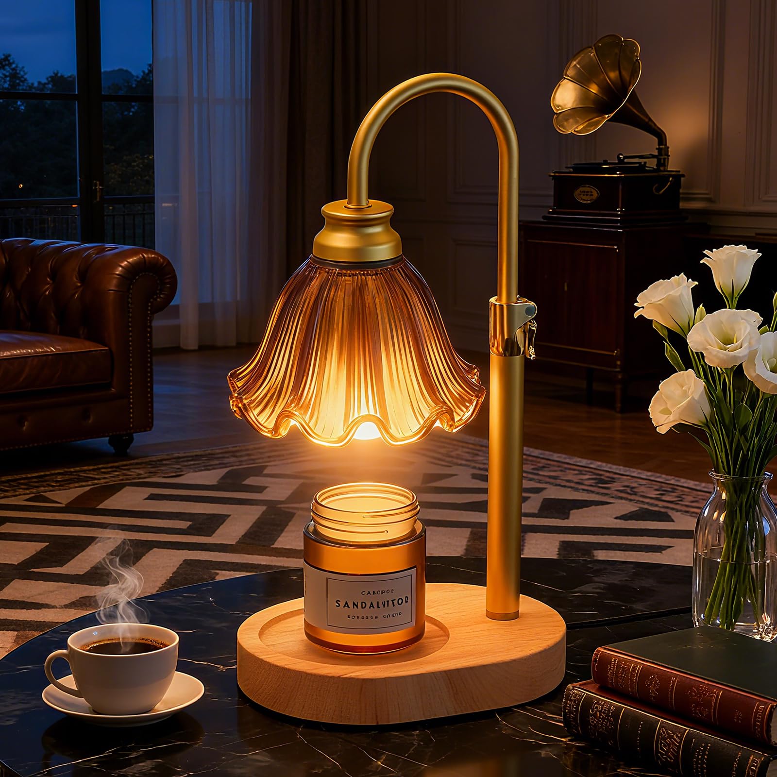 Lampada scalda candela con altezza regolabile, senza fiamma, dimmerabile a 4 livelli, con paralume in vetro colorato e base in legno, funzione timer e design elegante in diversi colori (marrone)