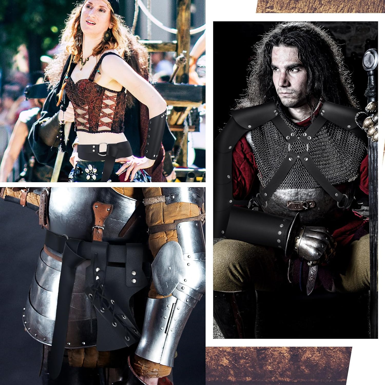 5 Pcs Halloween Medieval Renaissance Accessories Faux Leather Shoulder Armor Set Viking Leather Belt Pouch Knight Sword Belt Arm Guards Bracers for Medieval Costume Cosplay Party - Image 6