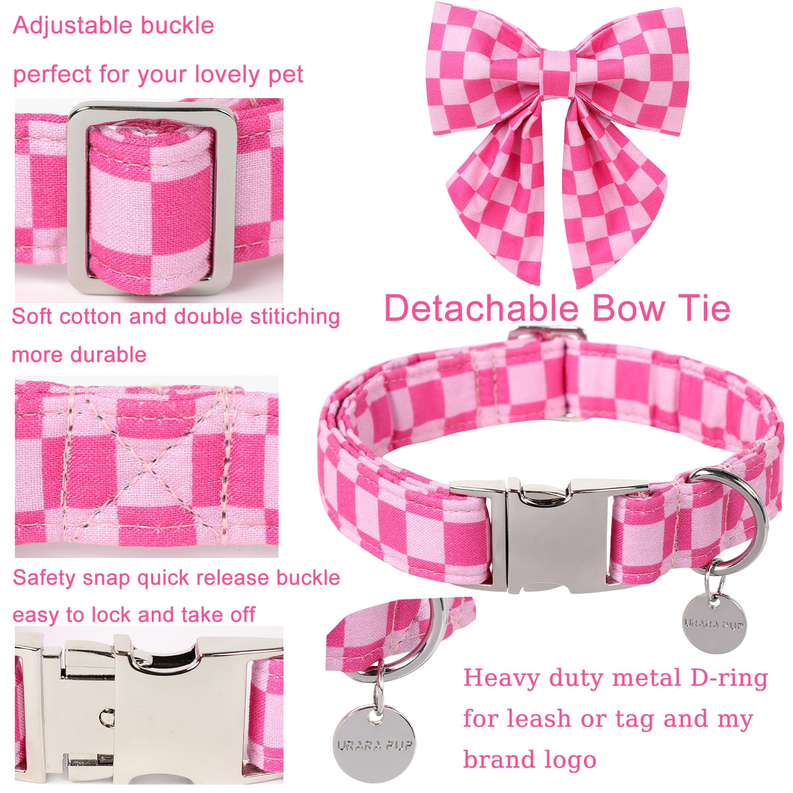 Dog Collar with Bow Tie,UP URARA PUP Pink Plaid Bowtie Dog Collar, Summer Bowtie Collar for Puppy Boy Girl Dog, Comfortable Cotton Dog Collar with Metal Buckle,S,Neck 10-16in, PinkPlaid CS - 3