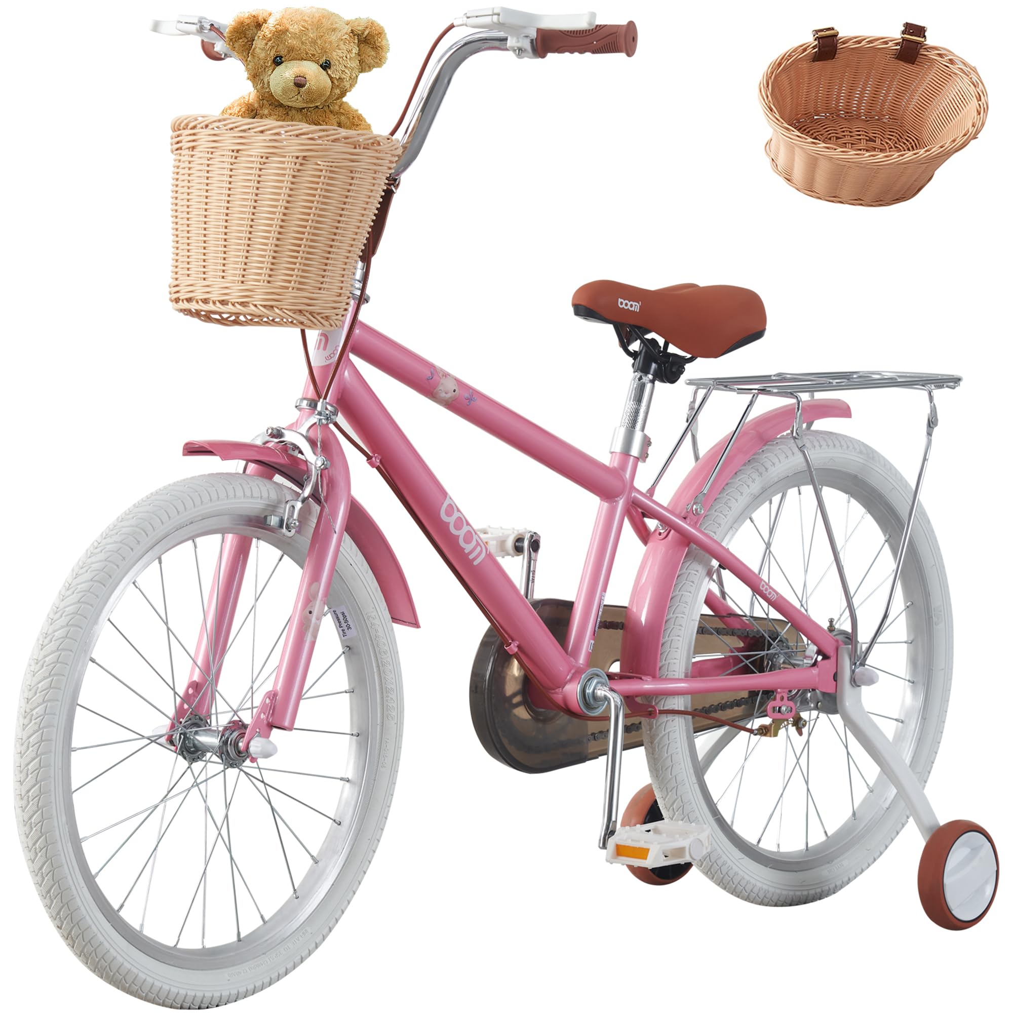 LSLIFE Girls Bike with Basket for 4-14 Years Old Kids 16" 18" 20" 22" Kids Bicycle Adjustable Seat & Handlebars Pink Girls Bike with Stabilizers Double Brake (18 Inch)