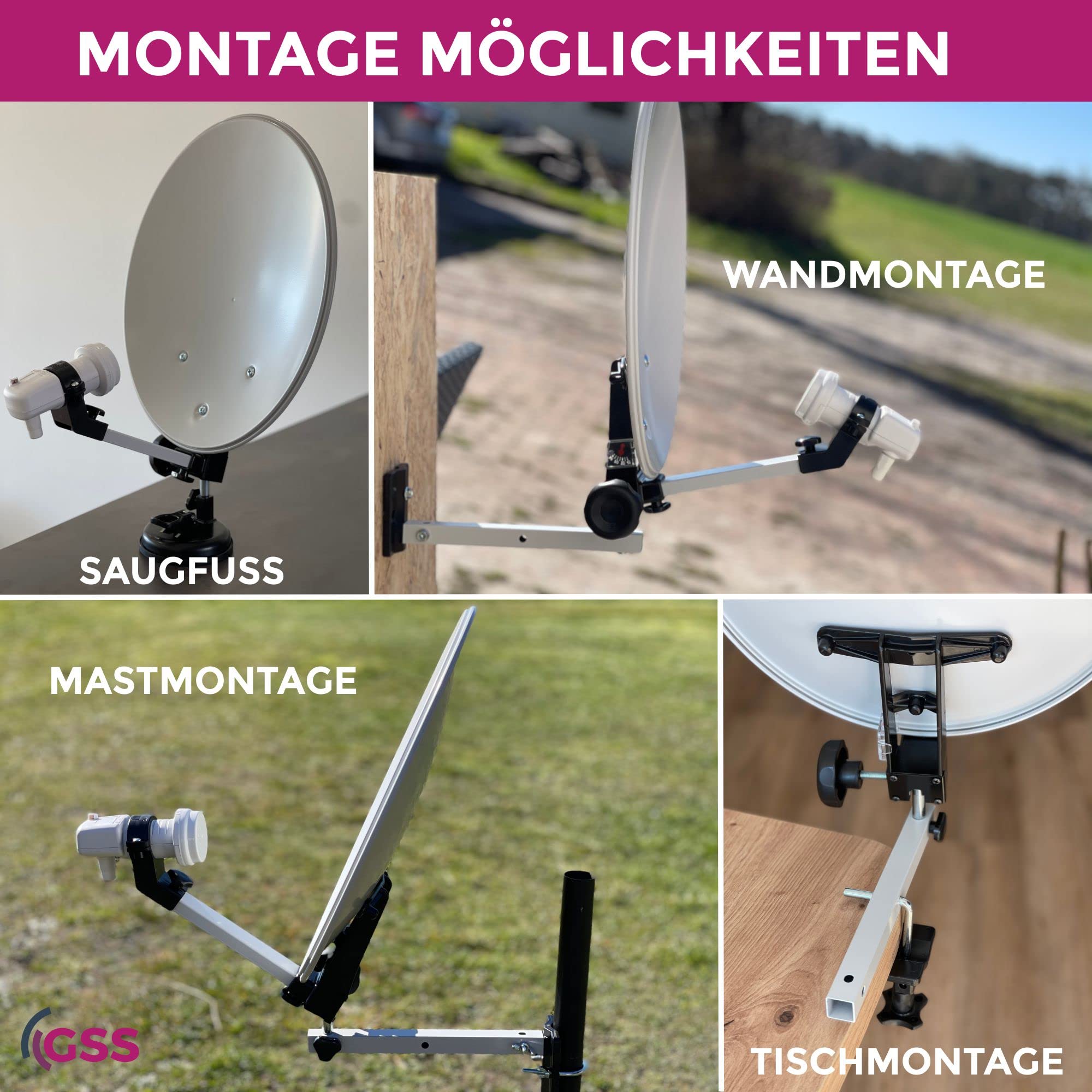 GSS Camping 35 cm Satellitenschüssel Komplettset mit Single LNB im Koffer, Sat Anlage Komplett Antenne, Wohnwagen, Wohnmobil, Camping TV, Mini Anlage, Satellitenschüssel klein