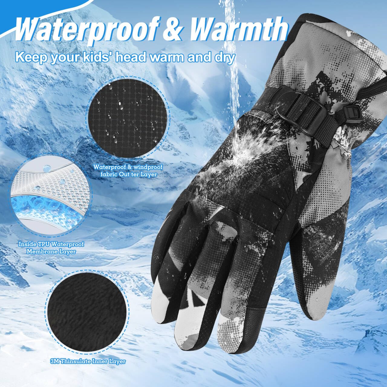 MIG4U Guanti da sci per bambini impermeabili 3M Thinsulate Touchscreen Guanti invernali per bambini, caldi guanti da neve per ragazze