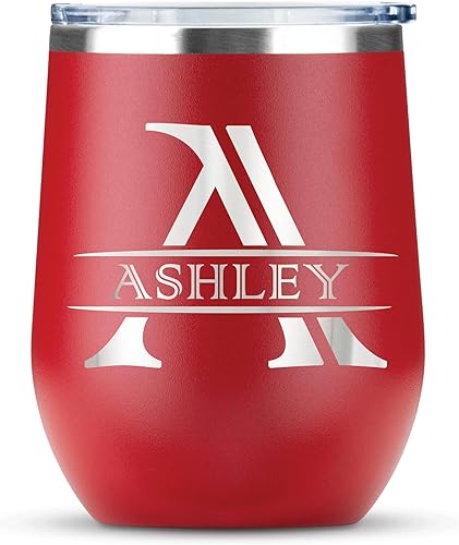 Vaso de vino personalizado con texto de iniciales grabadas personalizadas, taza de acero inoxidable de 12 onzas, vaso de café de viaje aislado al