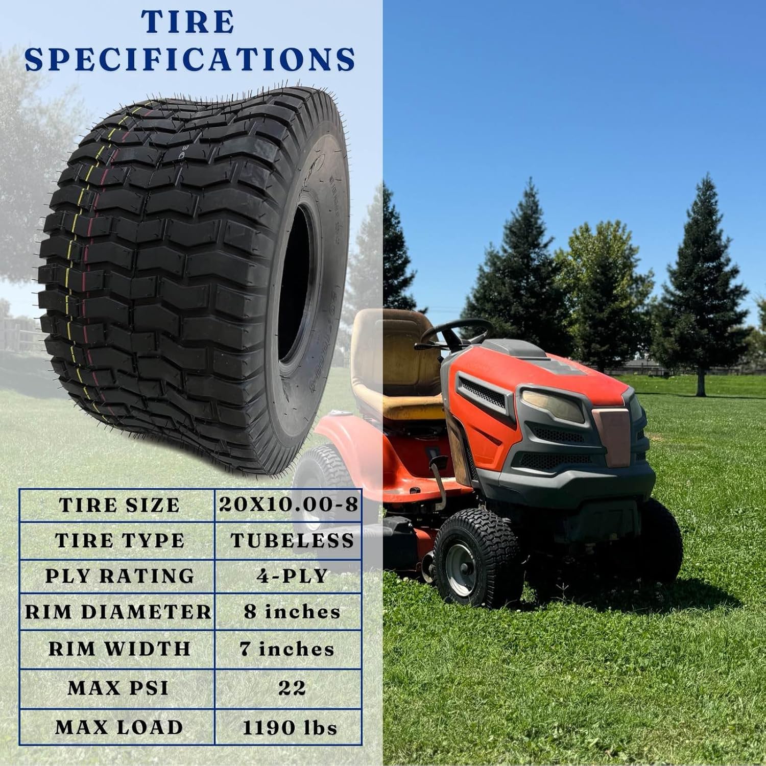 Dayrim 20x10-8 (2-Pack) Lawn Mower Turf Tires, V2 Tread Pattern, 4-Ply Tubeless Replacement Tires for Garden Tractors and Riding Mowers,Golf Cart Tires (20x10-8)