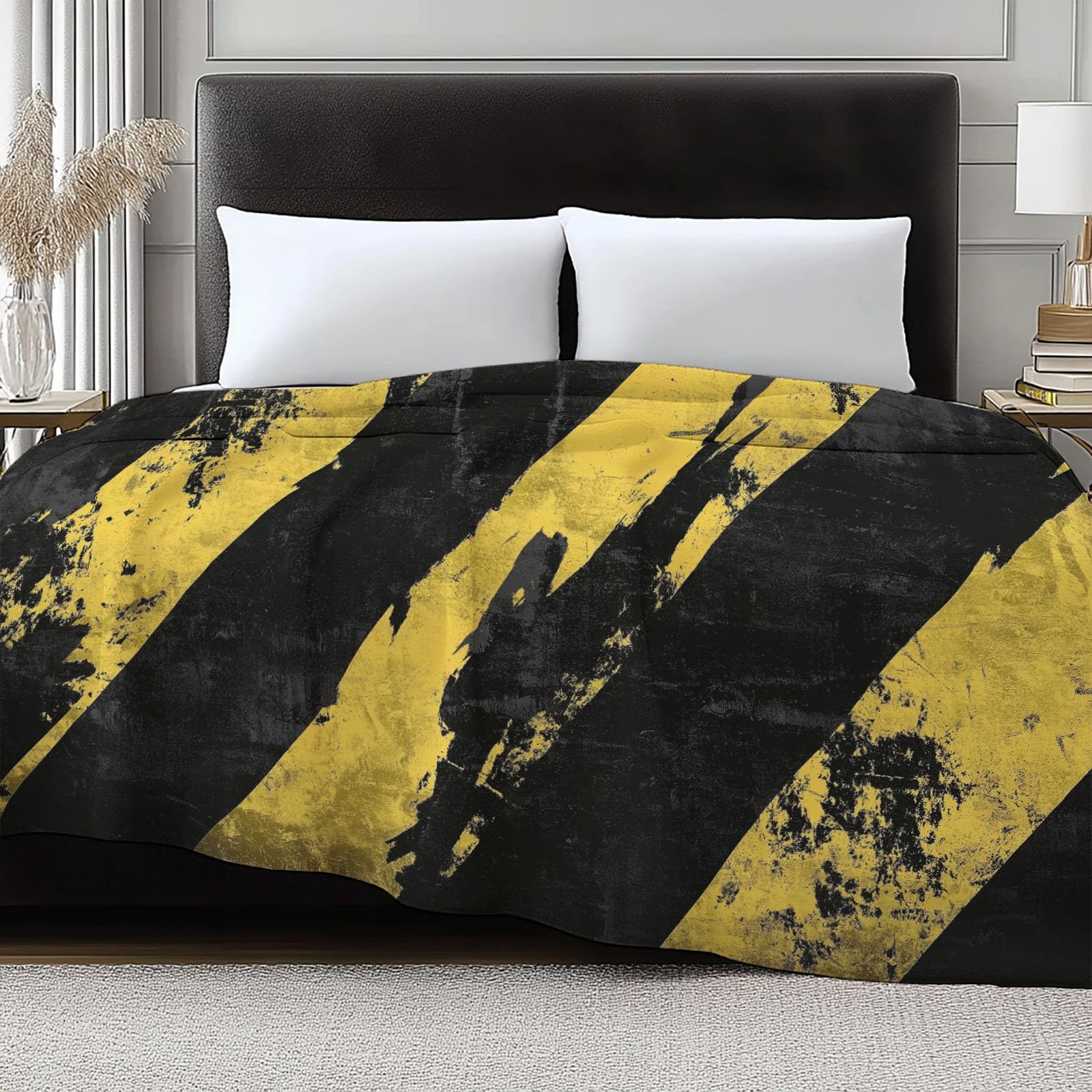 Flanelldecke Kuscheldecke, Schwarze und gelbe Streifen Modernes Abstrakt Super Soft Weiche Wohndecke Warm Bequem Flauschige Decke TV-Decke Mikrofaserdecke Sofadecke Grunge-Stil 150 x 200 cm