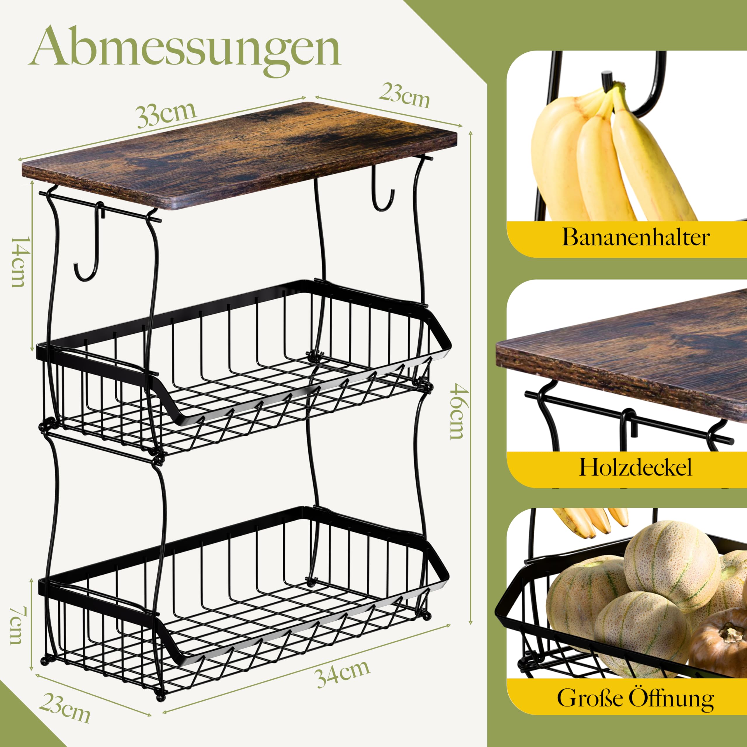 Obstkorb mit 3 Etagen und 2 Bananenhalter – Obst Aufbewahrung in Küche – Eckige Etagere 3 Stöckig - Gemüsekorb aus Metall für Obst Früchte Gemüse und mehr - Obstschale Mehrstöckig
