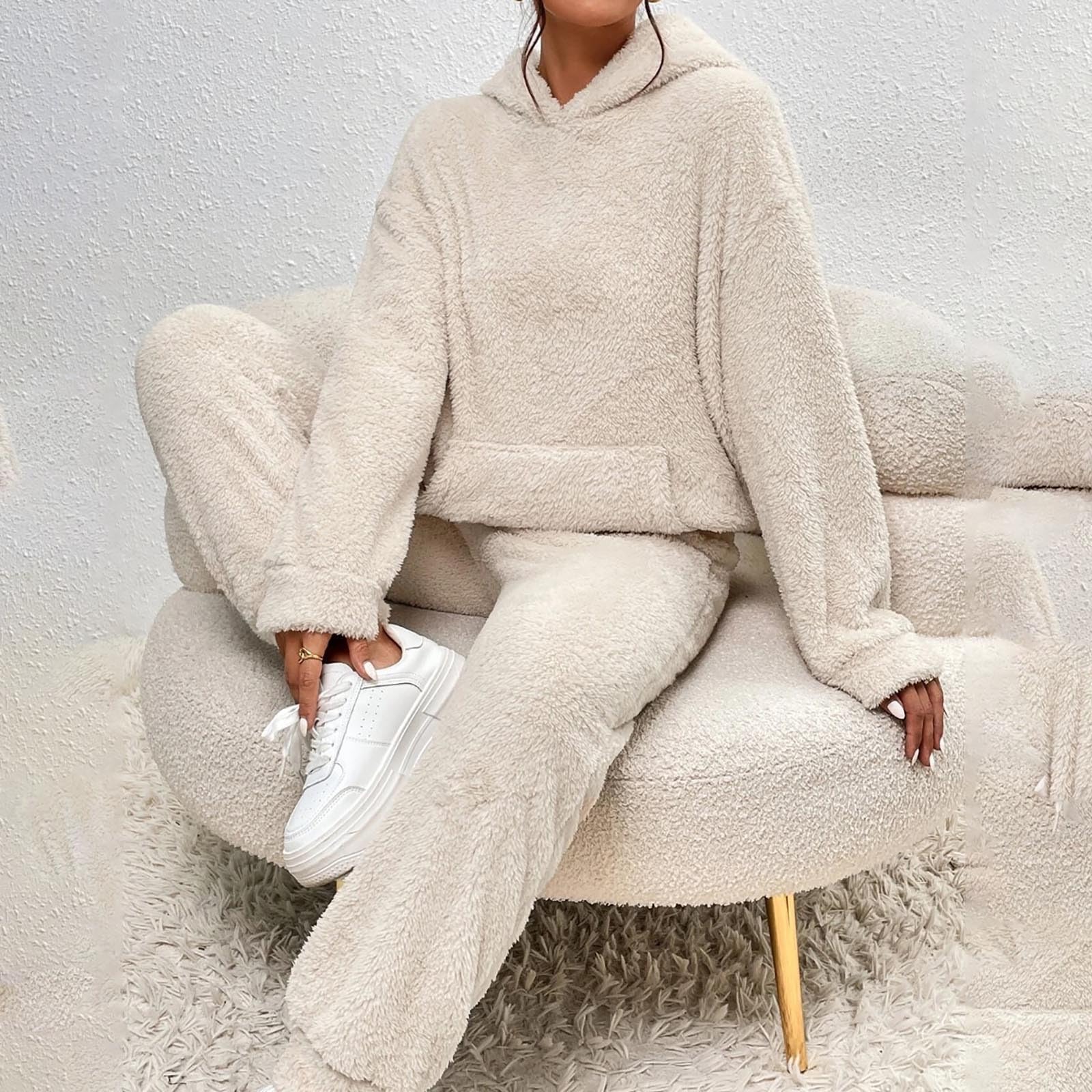 Generisch Homewear - Tuta da donna invernale soffice | Tuta sportiva in due pezzi, in pile, con cappuccio, calda, per il tempo libero