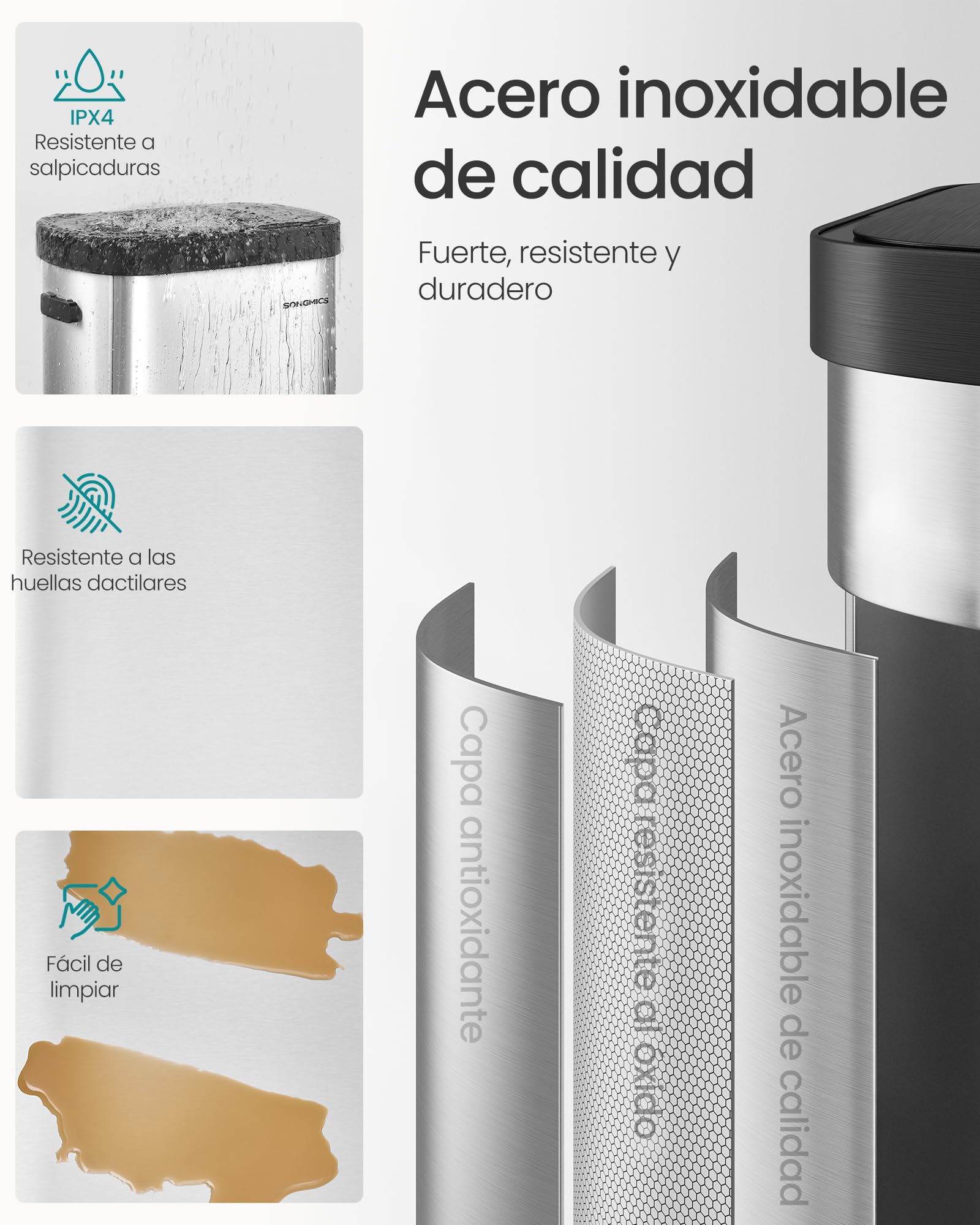 SONGMICS Cubo de Basura de Cocina con Sensor de Movimiento, Papelera Automática de 50 L, Tapa de Cierre Suave, Acero, Incluye 15 Bolsas, Plata Metálica y Negro Tinta LTB640E01
