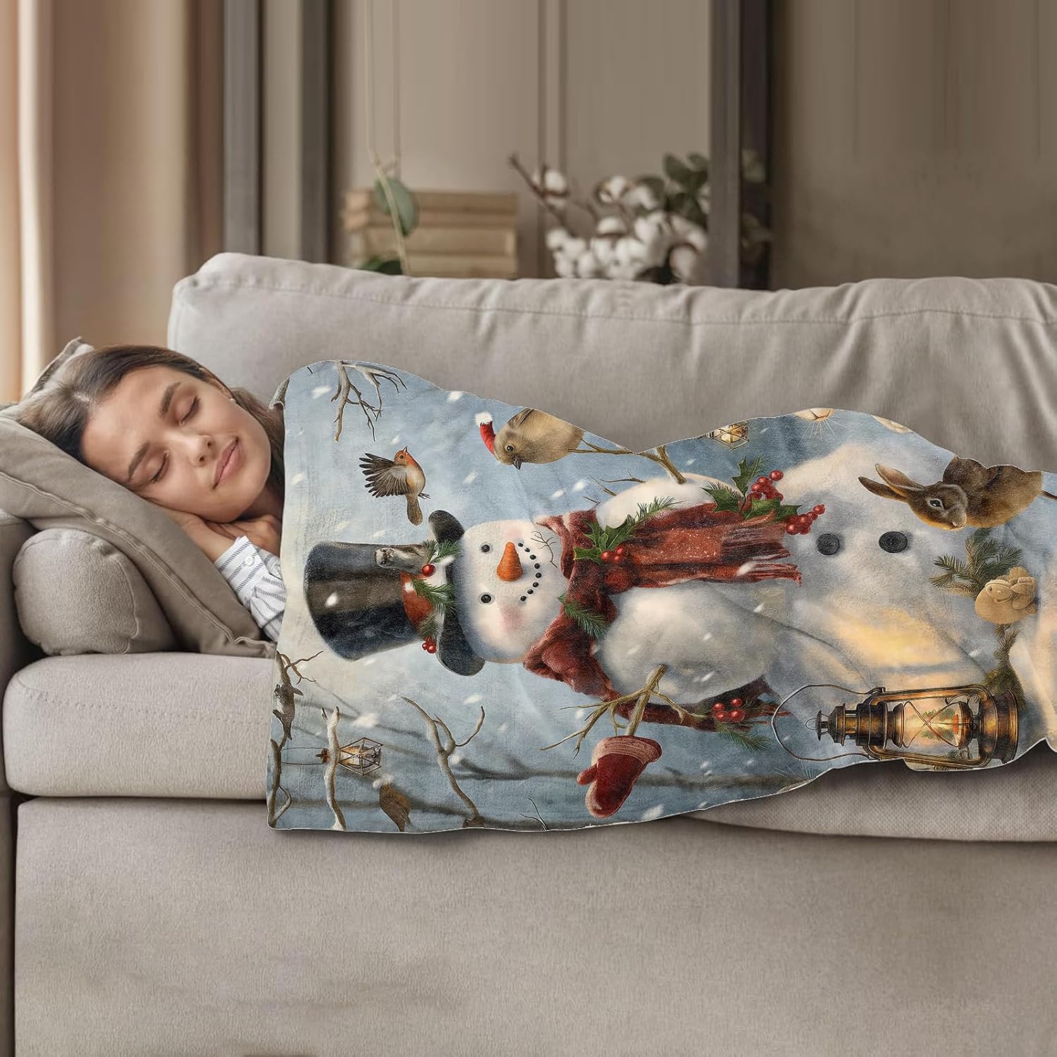 Snowman and Woodland Animals Throw Blanket 50"x60", Winter Scene Blankets for Living Room Bedroom Decor, Soft Flannel Polyester Warm Cozy for Kids Adults