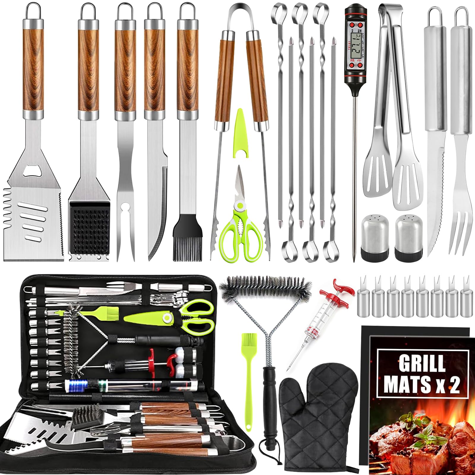 Kit Barbecue 34 Pièces, Ustensiles en Acier Inoxydable, avec Sac de Rangement et Tapis de Cuisson