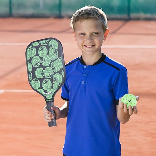 Miniatura 5 de VOYAGER Minecraft Pickleball Set, incluye 2 paletas, 4 bolas duraderas y bolsa de transporte, juego al aire libre de 7 piezas para niños,
