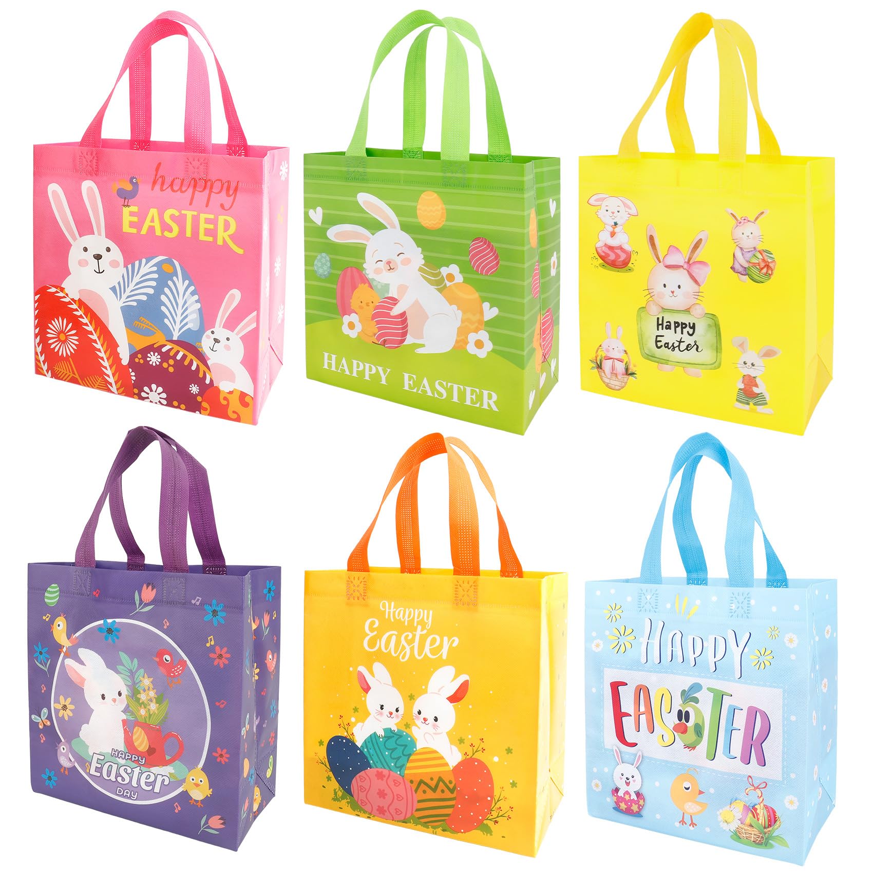 Easter Gift Bags with Handles, 6 PCS Easter Bags Reusable, Non-Woven Easter Tote Bags, Easter Egg Hunt Bags Goodie Snack Candy Treat Bags for Gifts Wrapping Easter Party Favor Supplies, 9"x8.7"x4.3"