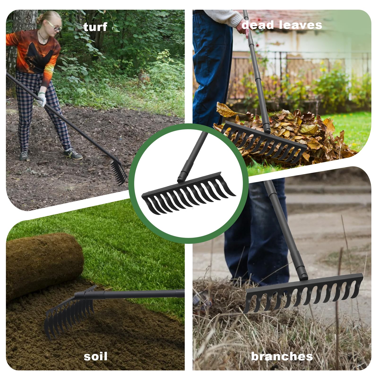 Rastrillo de arco resistente de 60 pulgadas con mango ajustable, rastrillos de jardín de metal resistente para jardinería, rastrillo de metal para recoger hojas, aflojar la tierra, nivelar el césped,