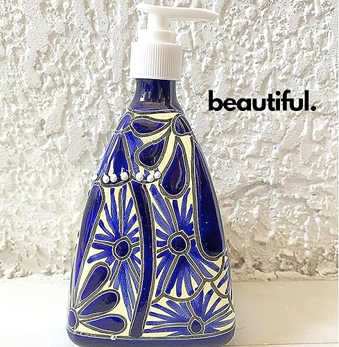 Miniatura 5 de Dispensador de jabón y loción de cerámica en forma de pirámide, para encimeras de cocina o baño - Cerámica mexicana pintada a mano azul y blanco -