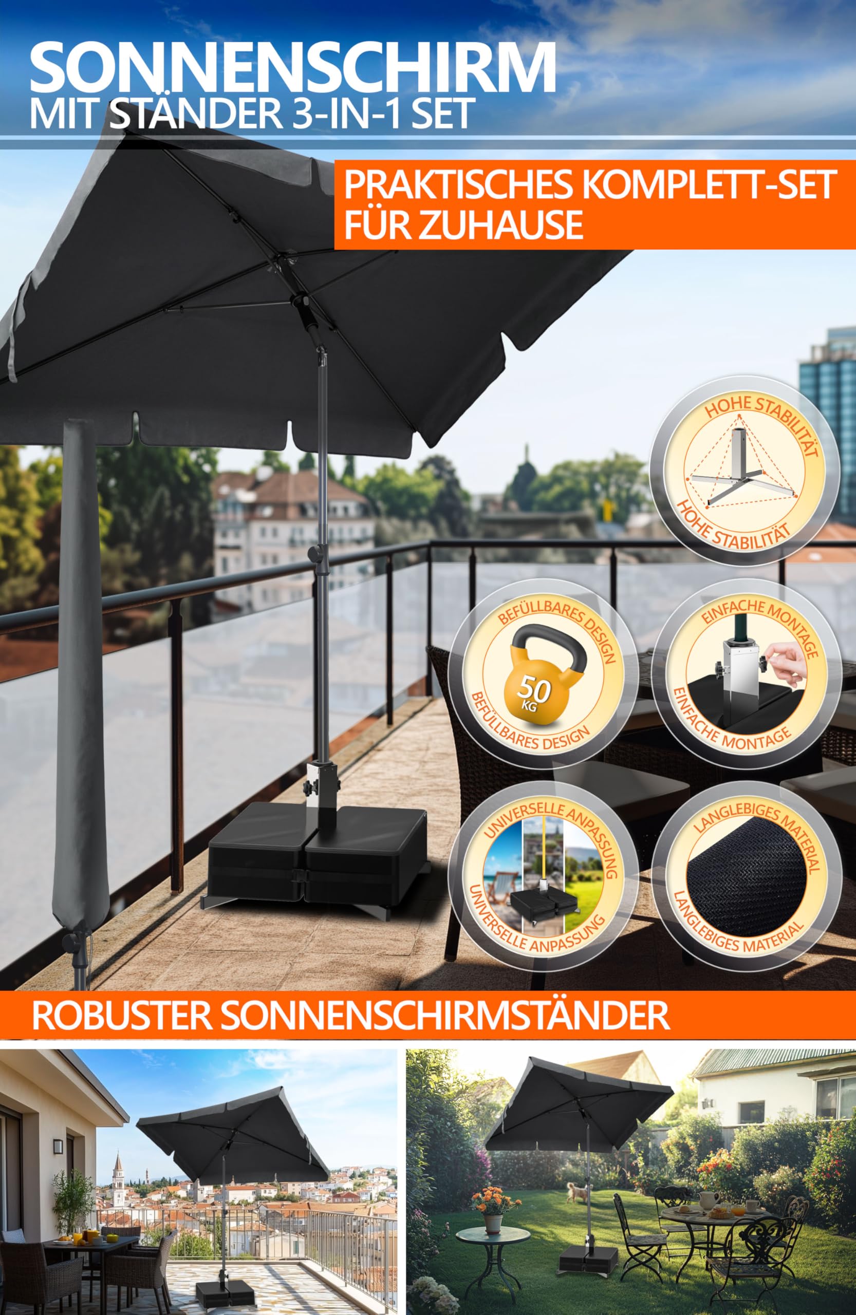 4smile Sonnenschirm rechteckig 200 x 125 cm, 3er-Set - Sonnenschirm Balkon mit Ständer und Hülle, Sonnenschutz Balkon - Balkonschirm in Anthrazit, knickbar höhenverstellbar, Sonnenschirmständer