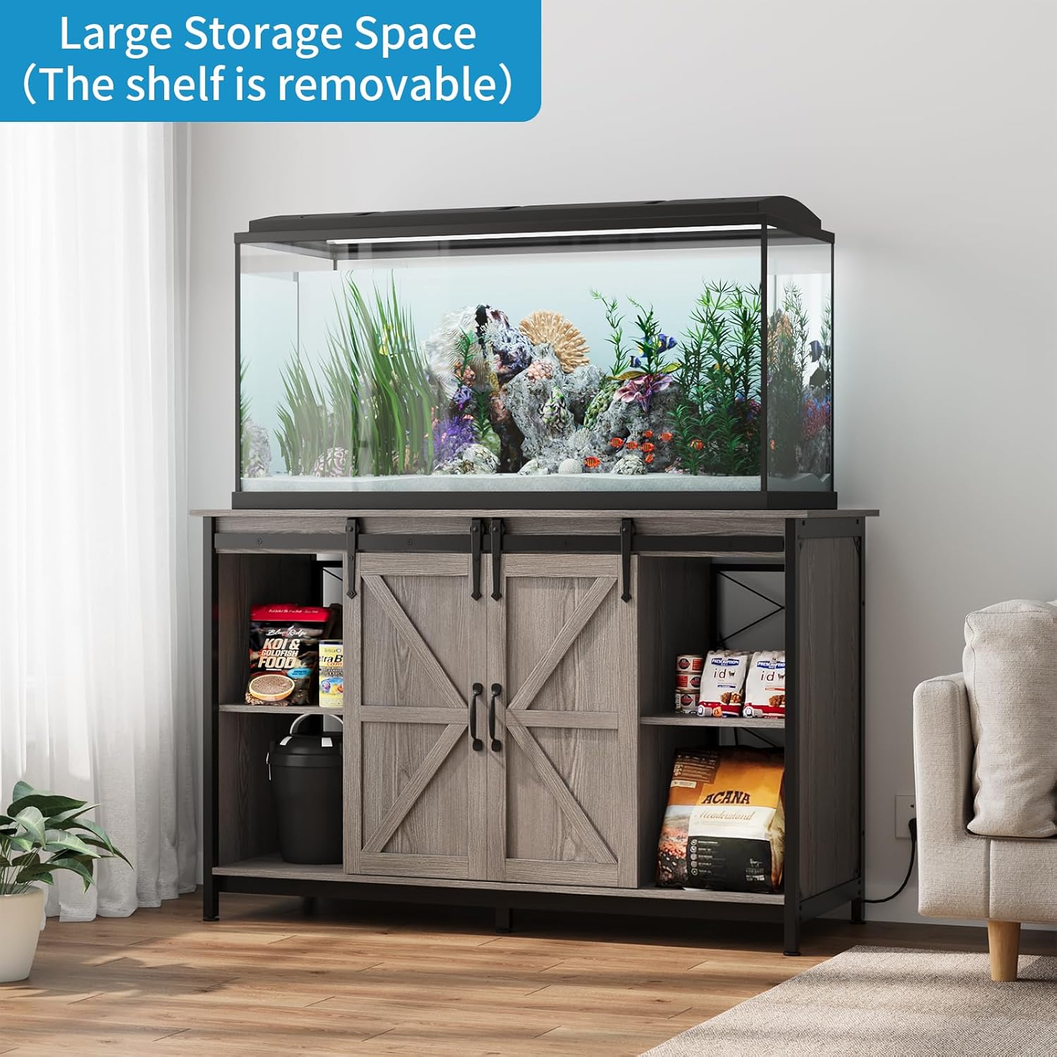 VOWNER Farmhouse 55-75 Gallon Fish Tank Stand with Power Outlet, Aquarium Stand with Storage Cabinet and Sliding Barn Door, Heavy Duty Reptile Tank Stand, for 2 Tanks, 1000LBS Capacity, Grey